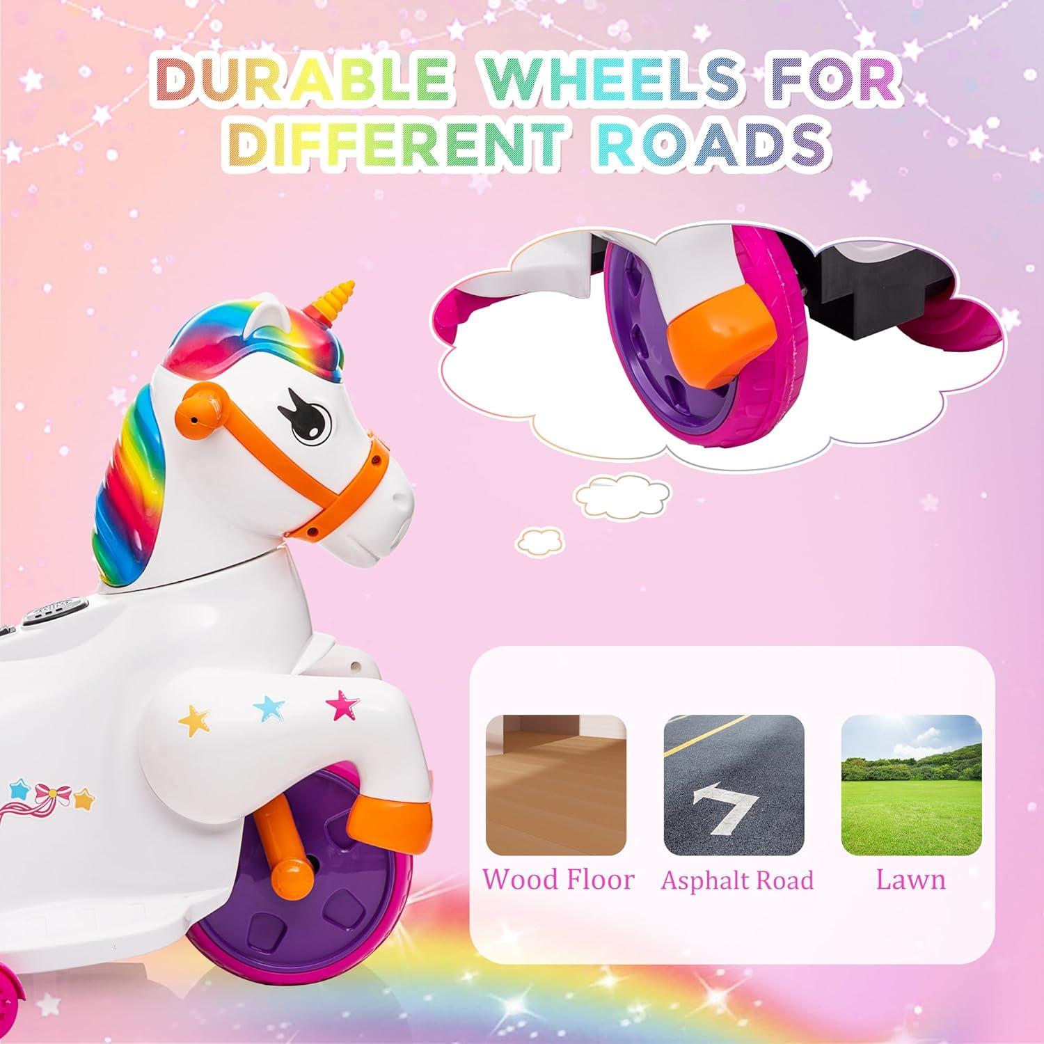 6V Multicolor Electric Unicorn Ride-On Toy with Music