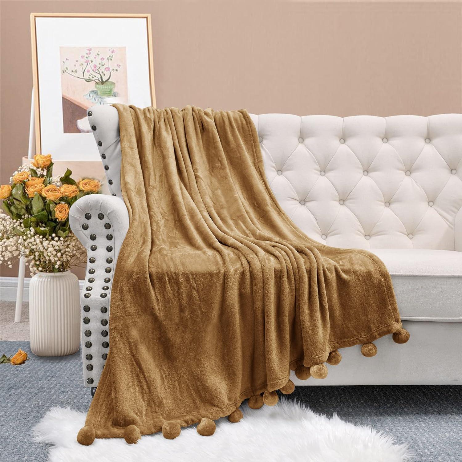 Home Soft Things Flannel Fleece Pom Pom Blanket