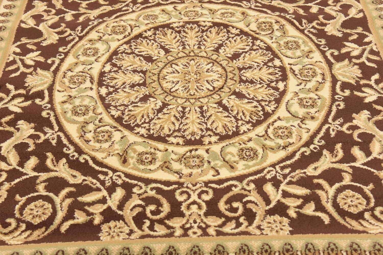 Elegant Medallion 6' Square Brown Synthetic Area Rug