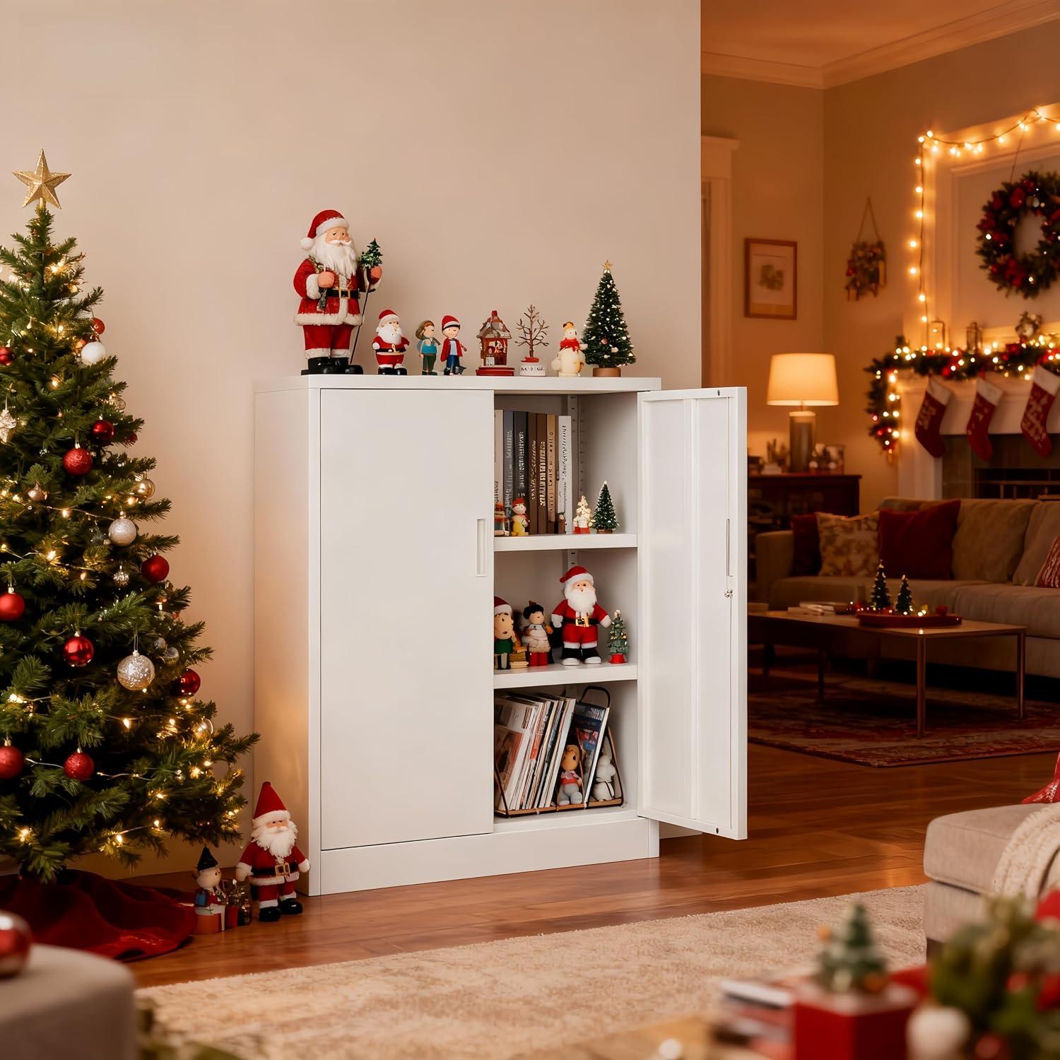 Metal Storage Cabinets with Shelves and Doors, Sideboard Buffet Cabinet for Kitchen, Entryway, Living Room, Home Office, Garage, Utility Room and Basement, 36.2" H x 31.5" W x 15.7" D (White)