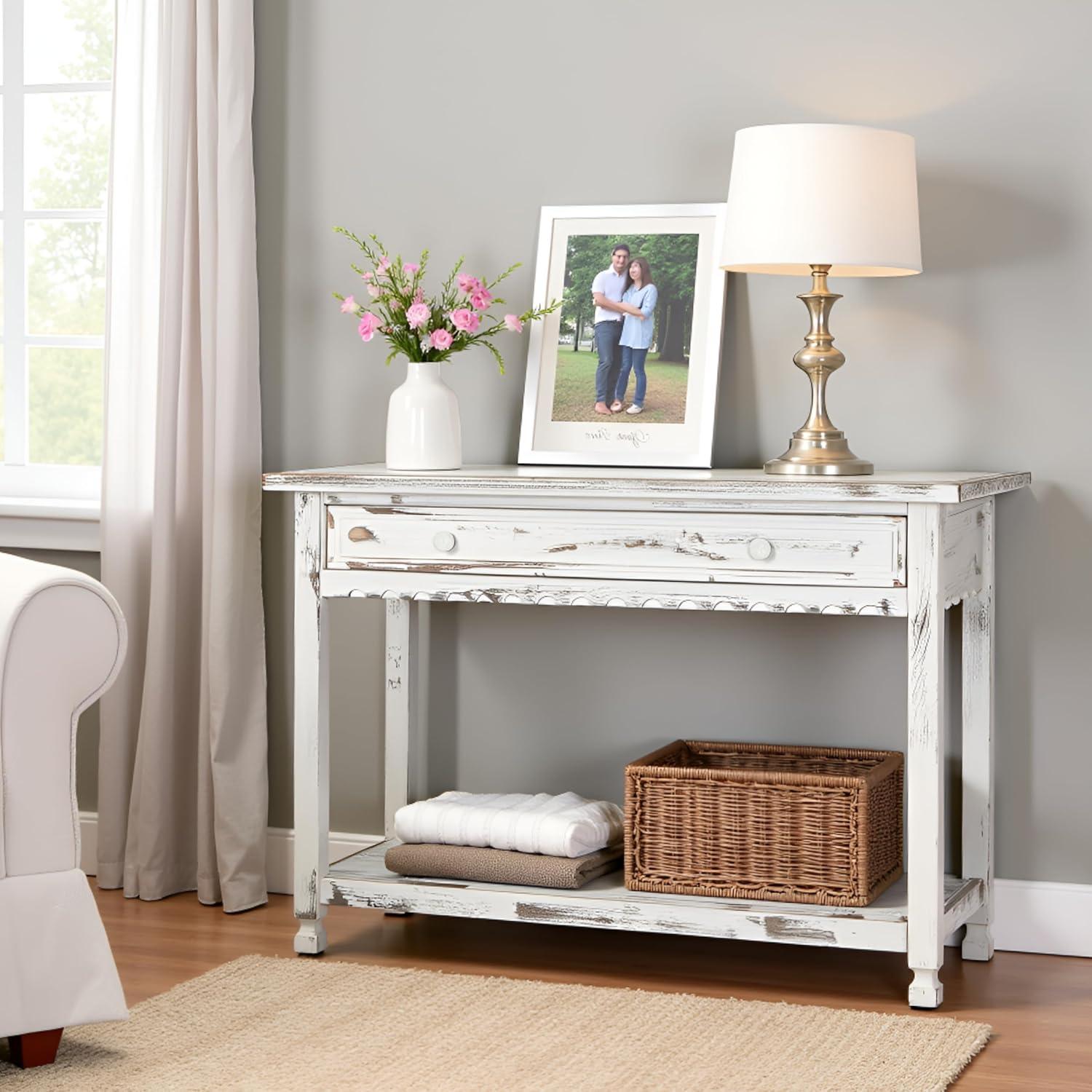 Console Table Hardwood White - Alaterre Furniture: Elegant Entryway Furniture with Storage Shelf, Spot Clean