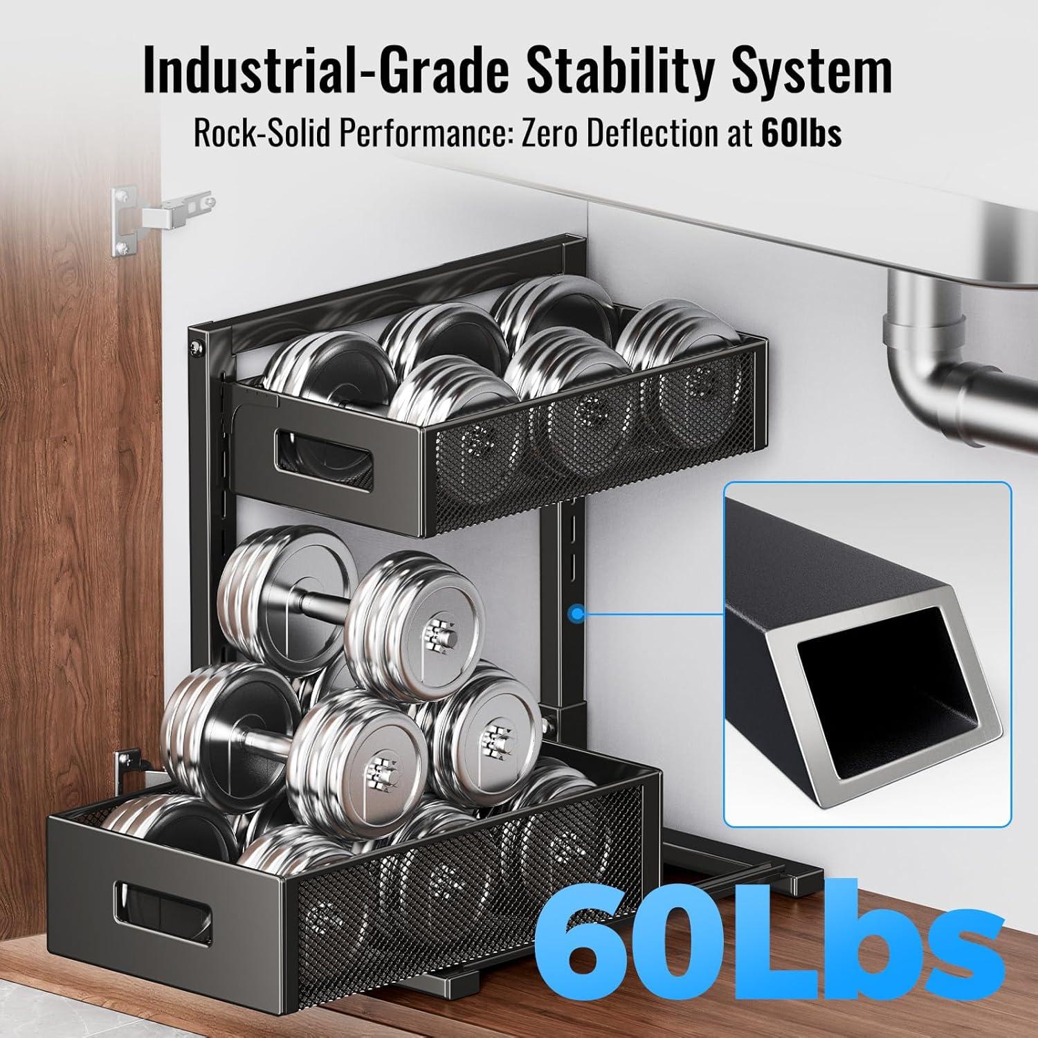 2-Tier Metal Under Sink Organizer, Pull Out Smoothly Under Kitchen Sink Organizer with Track, Large Capacity Heavy Load Under Sink Storage for Kitchen and Bathroom