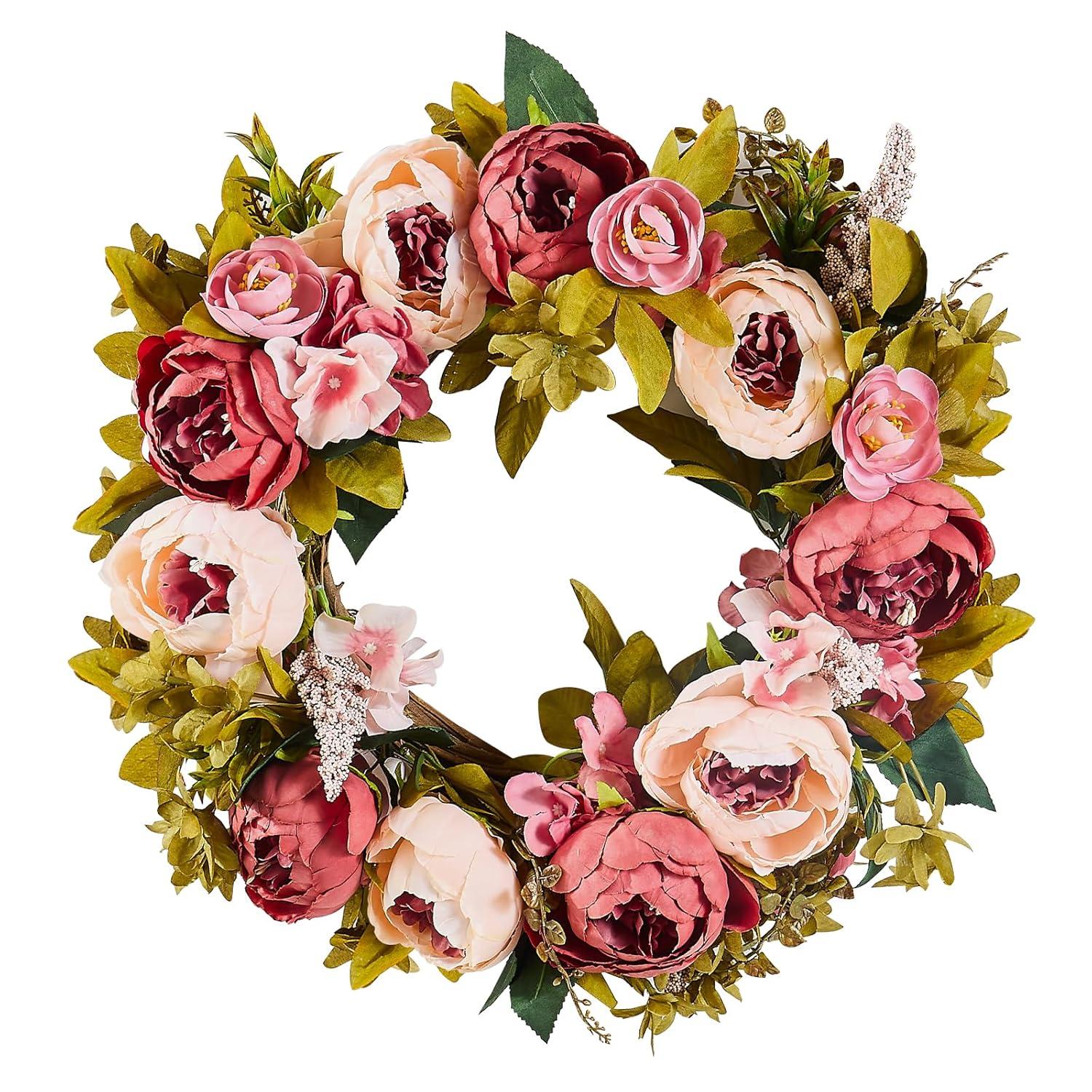 VEVOR Spring Wreath for Front Door 19 Inch - Artificial Peony Floral Wreath with Greenery, Year-Round All Season Outdoor Indoor Decor