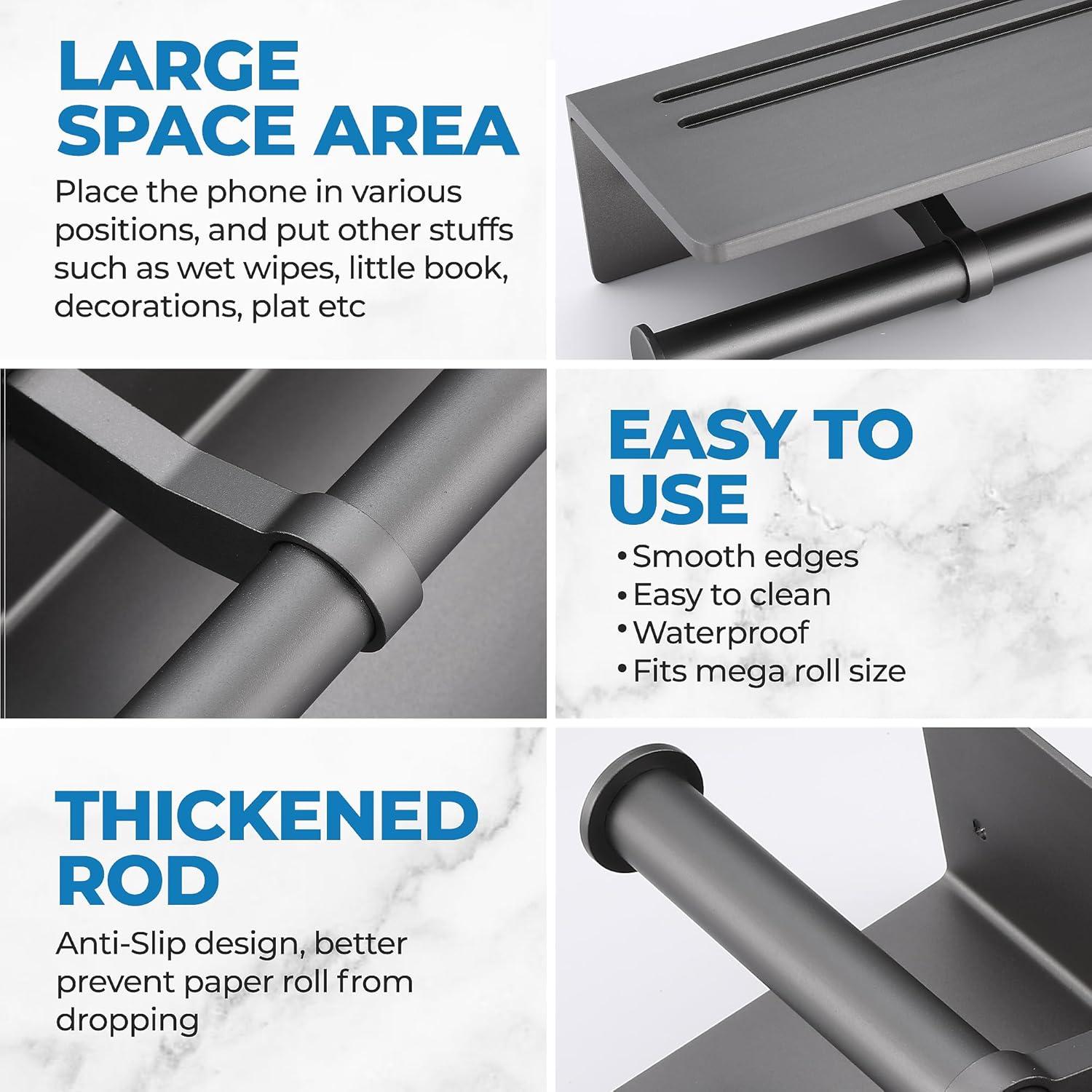 Toilet Paper Holder with Shelf, Black Anti-Rust Aluminum Tissue Roll Holder with Mobile Phone Storage Shelf for Bathroom, 3M Self Adhesive No Drilling or Wall Mounted with Screws