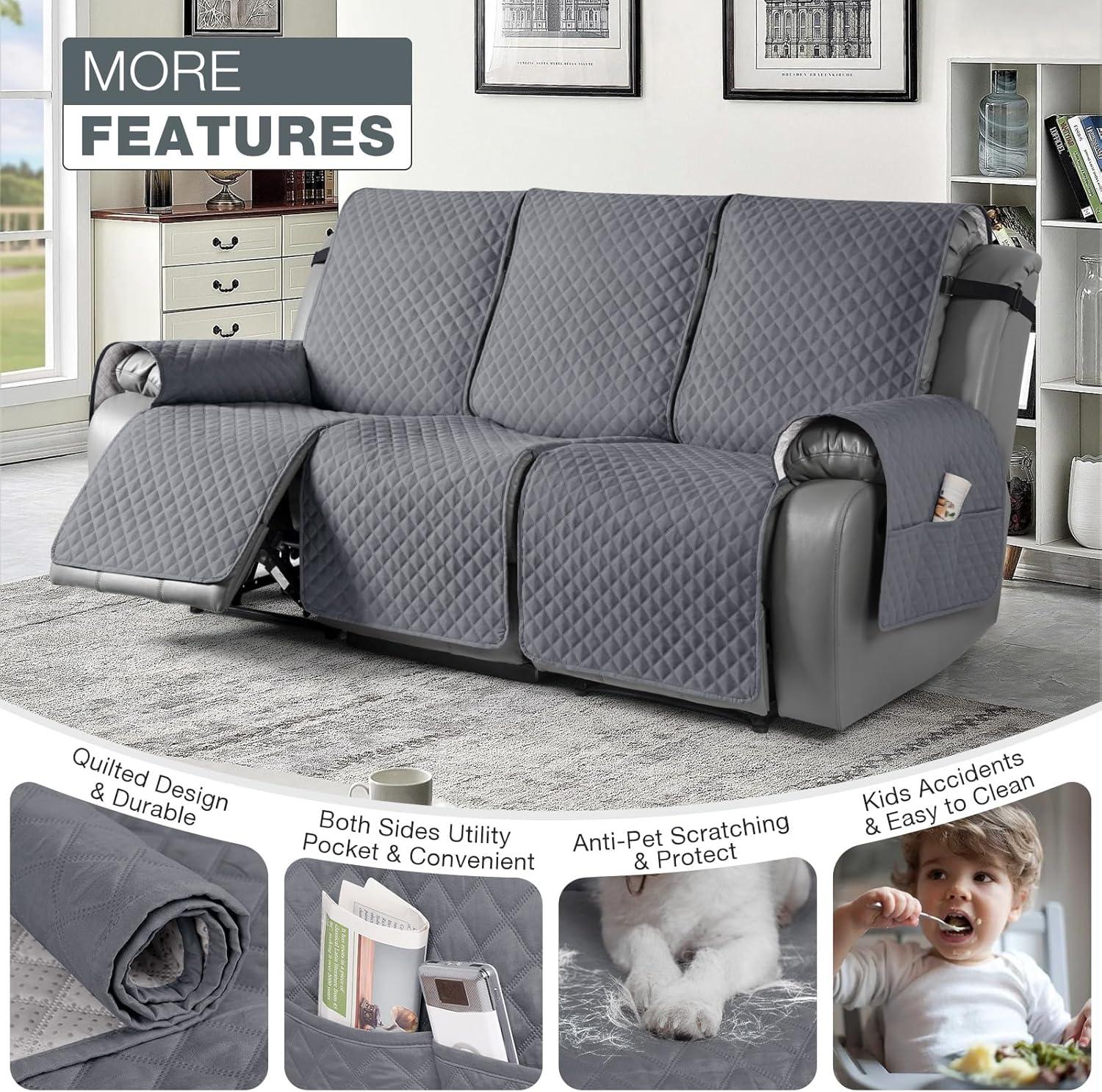 Box Cushion Recliner 3 Seater Sofa Slipcover, Non-Slip Pet Reclining Couch Cover with Pockets Furniture Protector