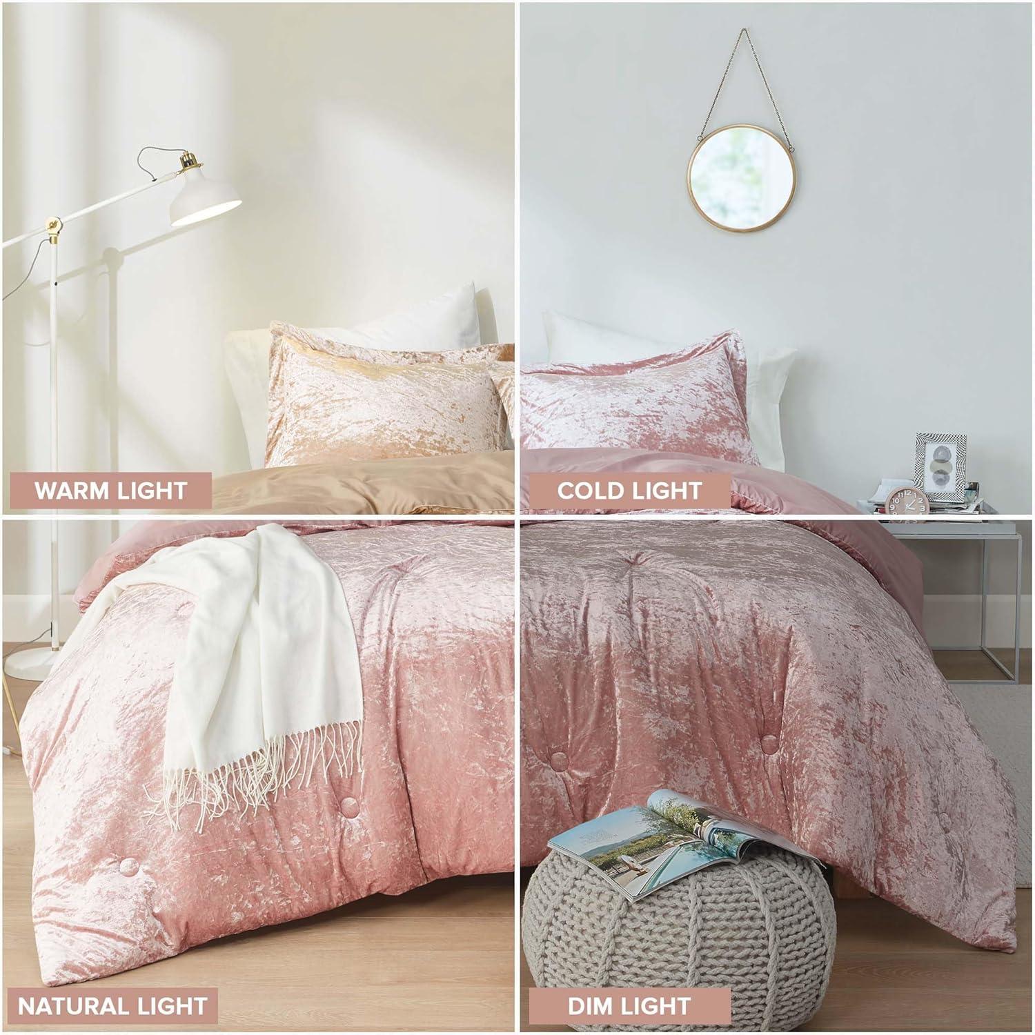 Comfort Spaces Full/Queen Cozy Velvet Comforter Sets, Luxe 3-Piece All Season Down Alternative Bedding Set, Pink Blush Damask Comforter Bed Set with Pillow Shams
