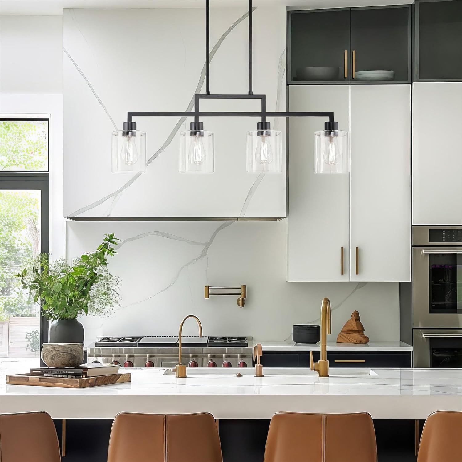 Kira Home Stratford 34" 4-Light Farmhouse Island Light + Glass Shades, Adjustable Hanging Height, Black