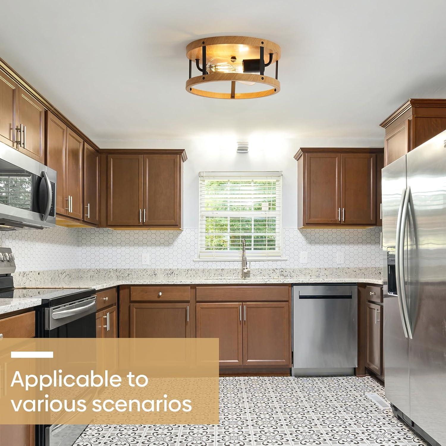 2-Light Industrial Flush Mount Ceiling Light Fixture, Wood Finish Farmhouse Ceiling Light Fixture,Modern Flush Mount Light Fixture for Kitchen Bedroom Living Room Hallway 1 Pack