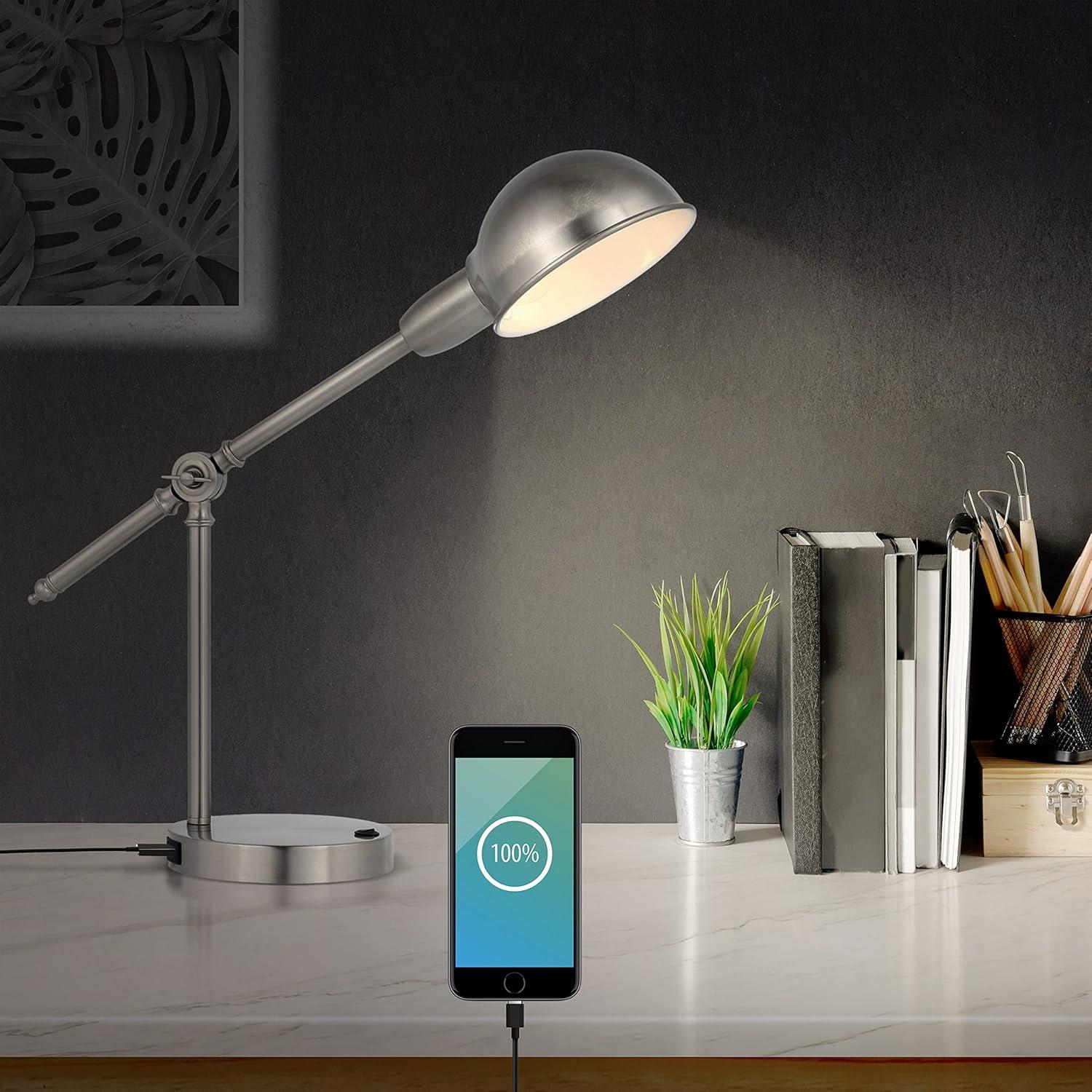 JONATHAN Y Curtis 20.25" Vintage Industrial Iron Adjustable Dome Shade LED Task Lamp with USB Charging Port, Nickel, JYL7123B