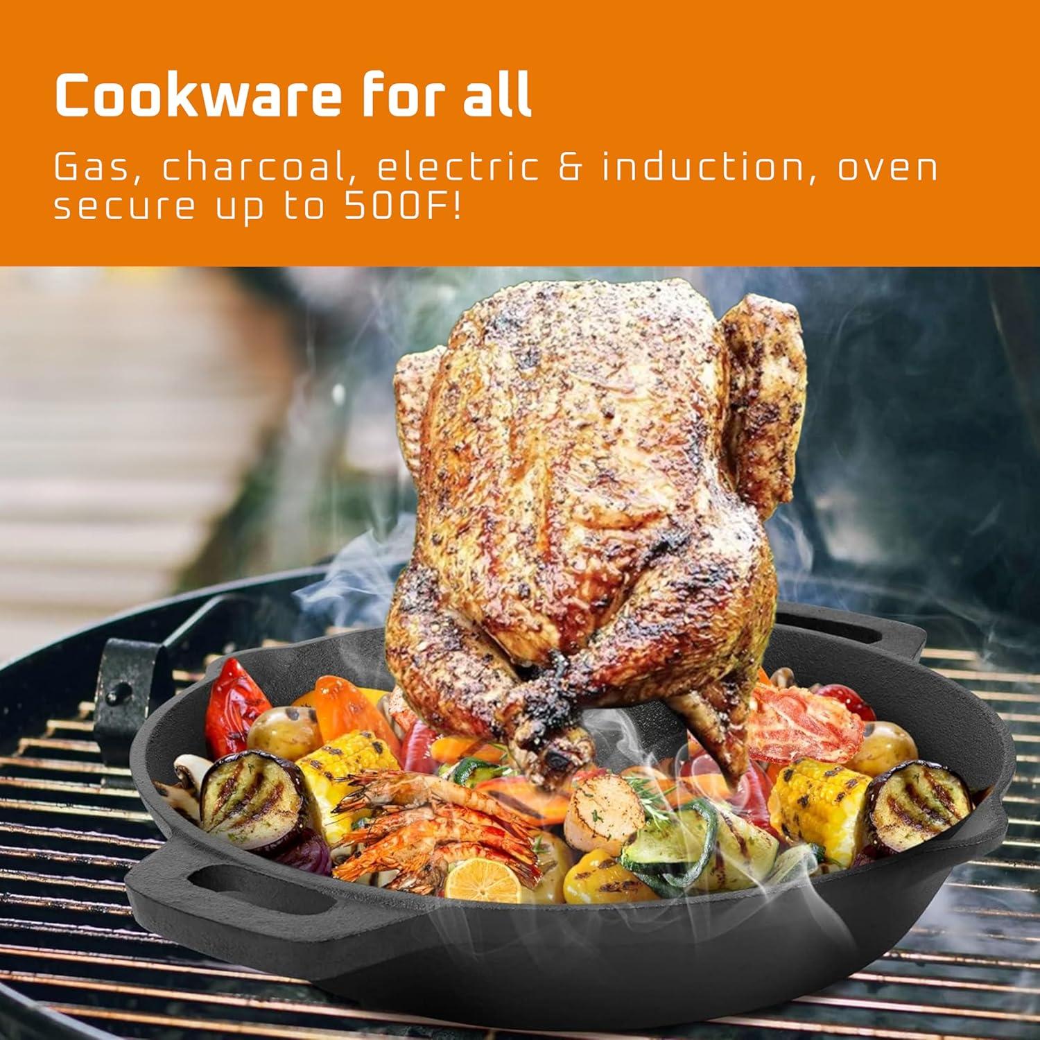 Bruntmor Pre-Seasoned Cast Iron Chicken Roaster Turkey Roasting Pan Use in Oven, Stove