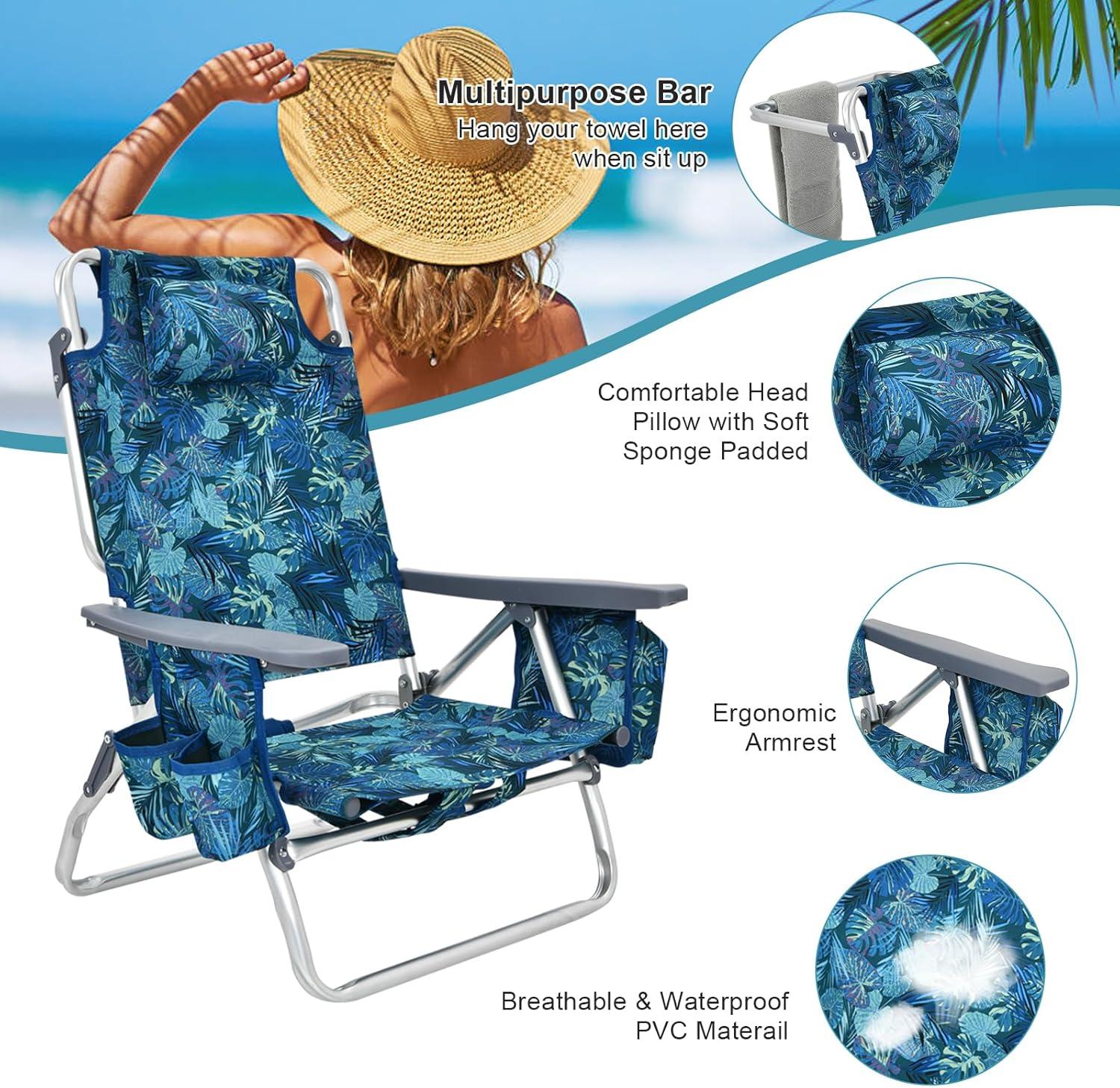 GYMAX Beach Chairs, 2-Pack Backpack Camping Chair with Armrest, Cooler Bag, Cup Holder, Towel Bar & Side Pockets, Sunbath Sling Tanning Lounge, Folding Layout Chairs (Blue Leaves, with Table)
