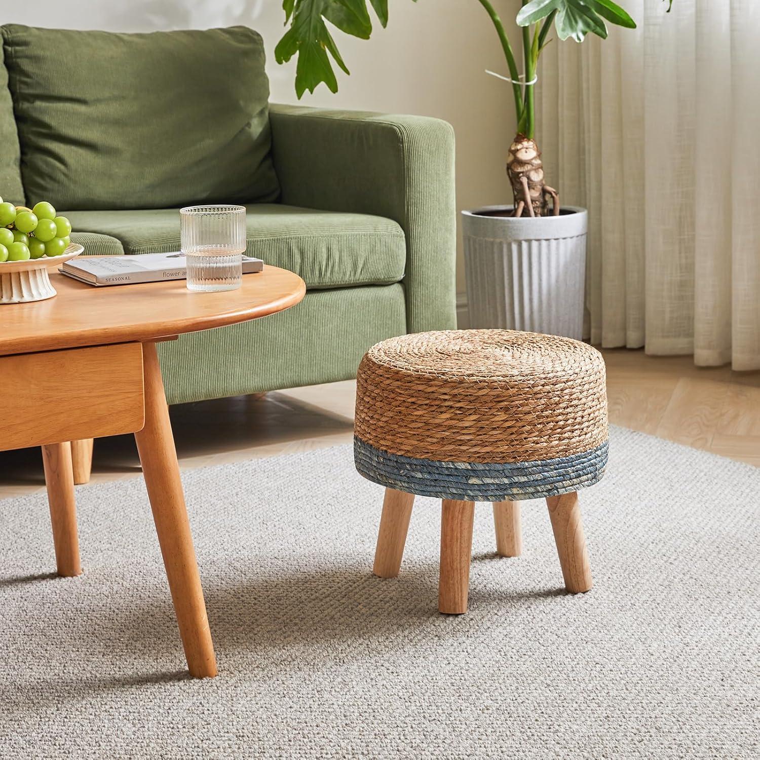 YMYNY Foot Stool Natural Seagrass Hand Weave, 12.6" Small Ottoman, Round Footrest for Living Room, Bedroom, Entryway, Change Shoes Stool, Non-Skid Wood Legs, Boho, Blue+White UHBD027QW