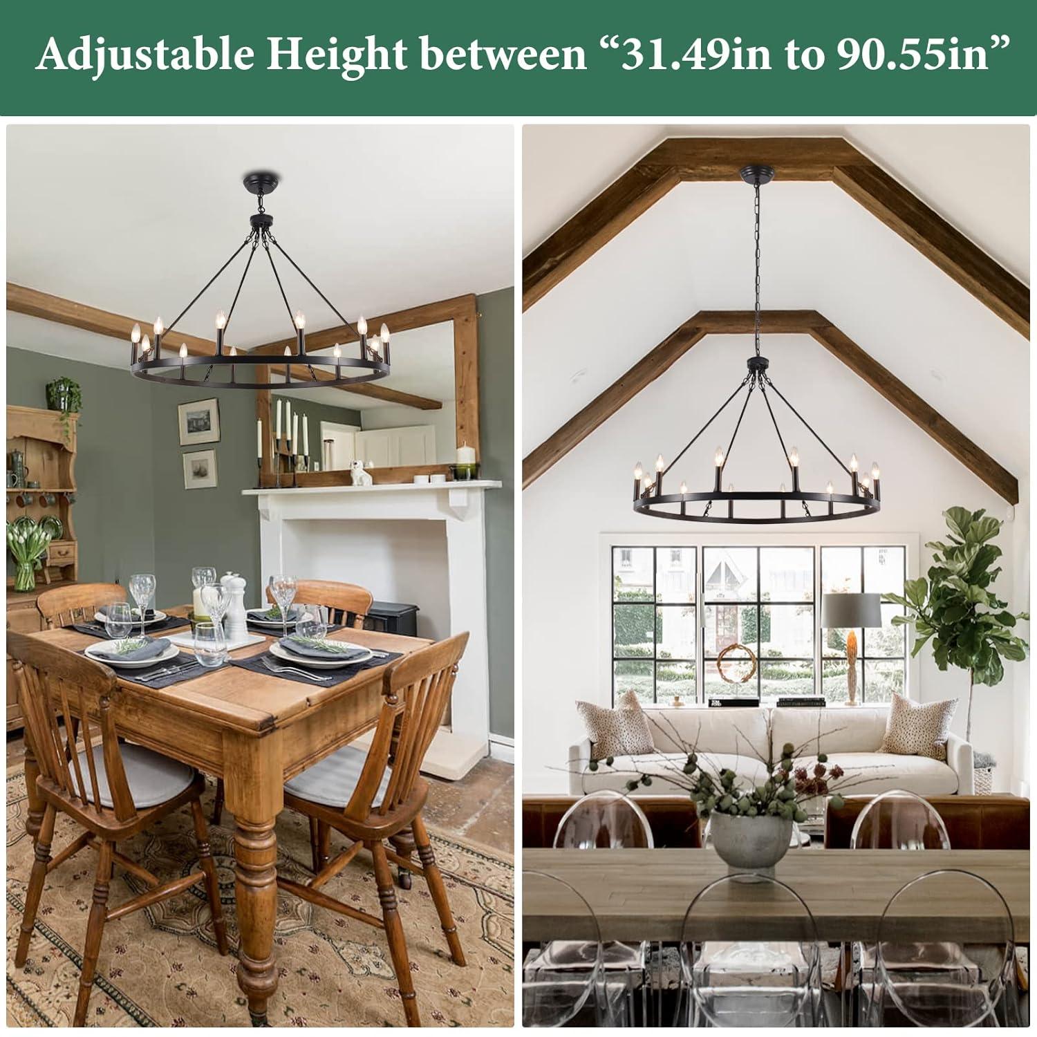 12-Light Black Farmhouse Candle Design Circle Iron Wagon Wheel Chandelier for Dining Room with No Bulbs Included