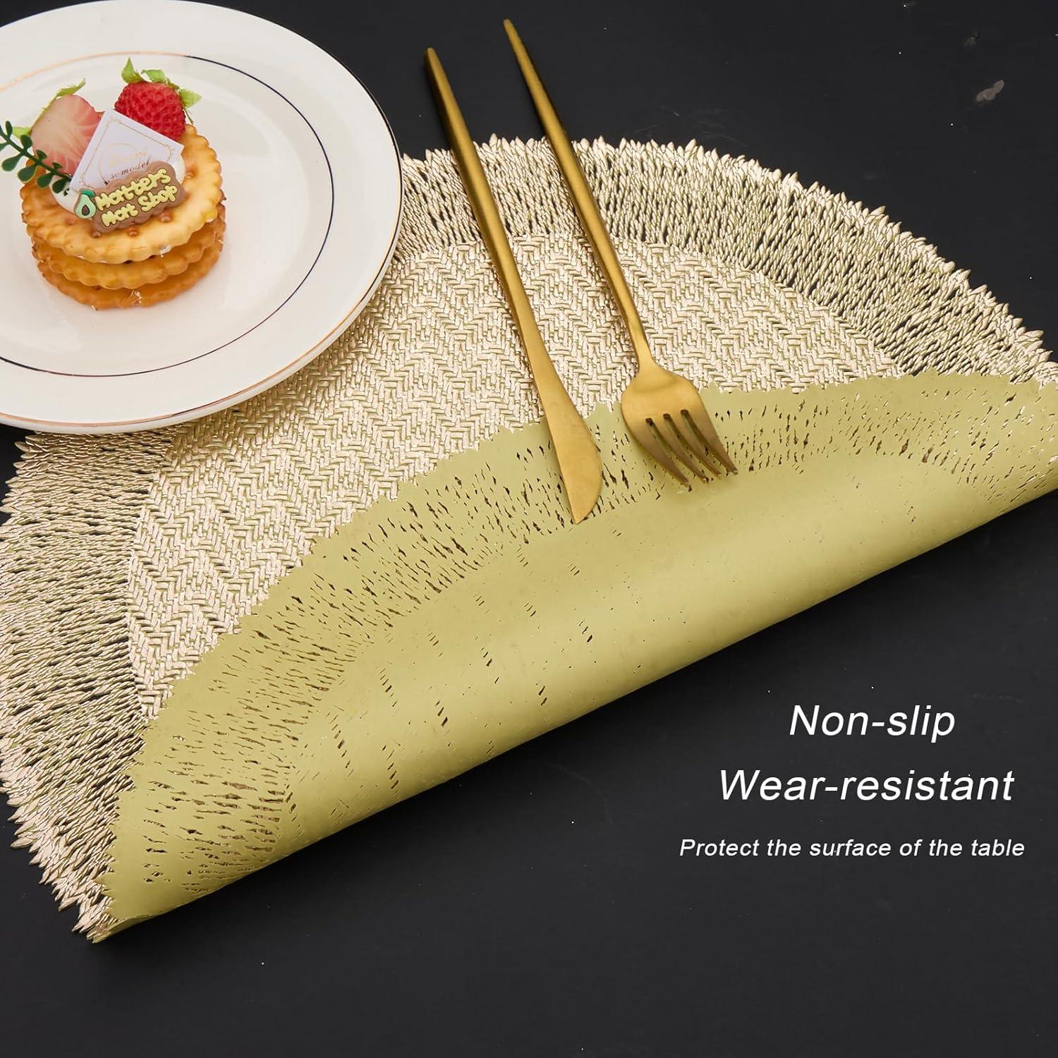 Efavormart 6 Pack 15" Gold Round Woven Vinyl Placemats Non Slip Dining Table Placemats For Wedding Events Birthday Party