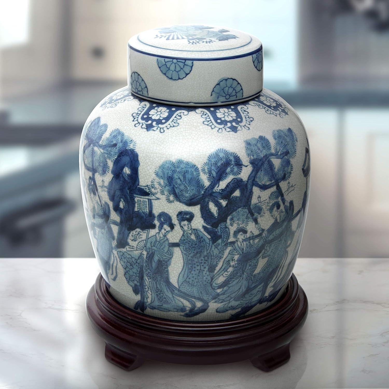 10" Ladies Blue & White Porcelain Ginger Jar