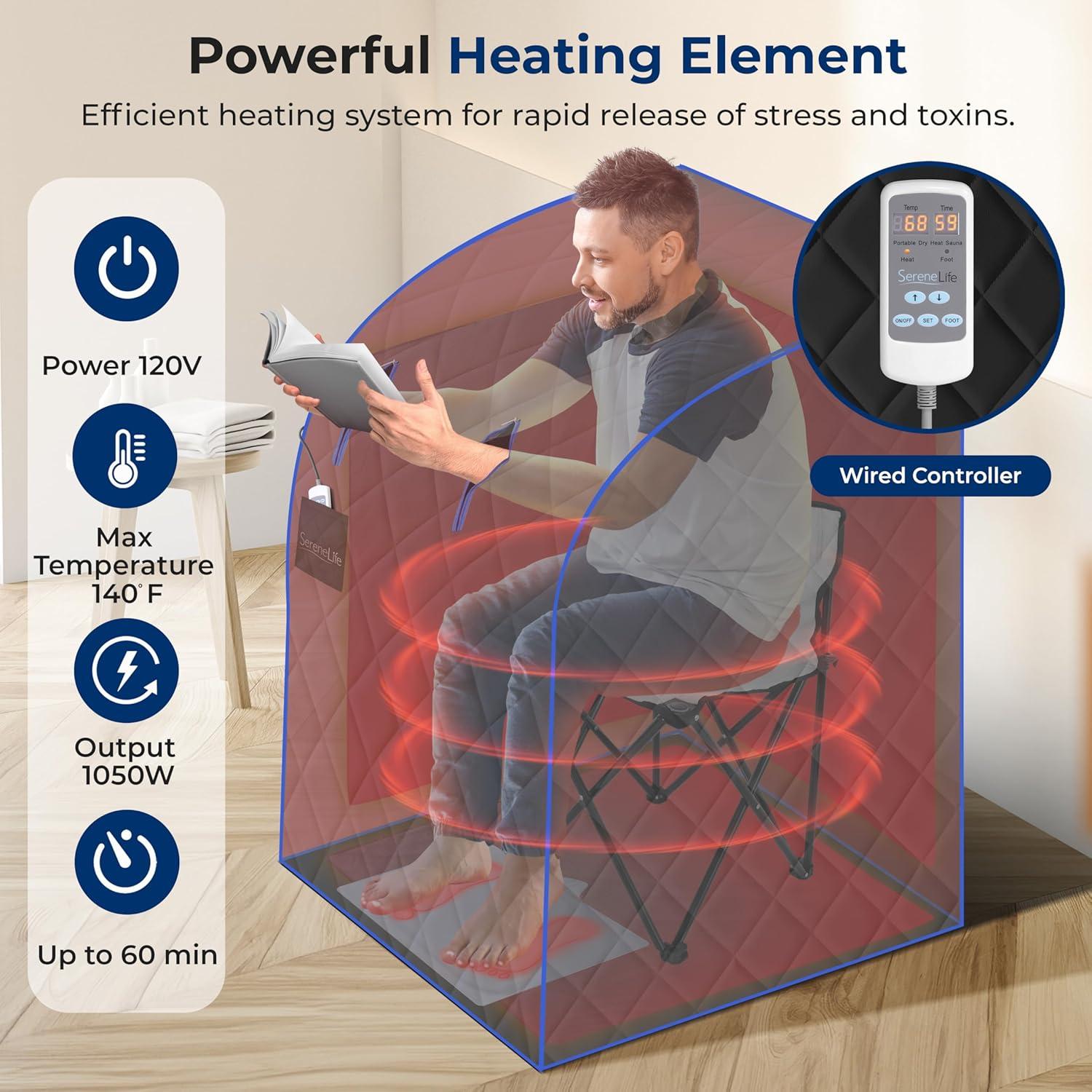 SereneLife SLISAU20BK Oversize Portable Infrared Home Spa One Person Sauna with Heating Foot Pad & Portable Chair