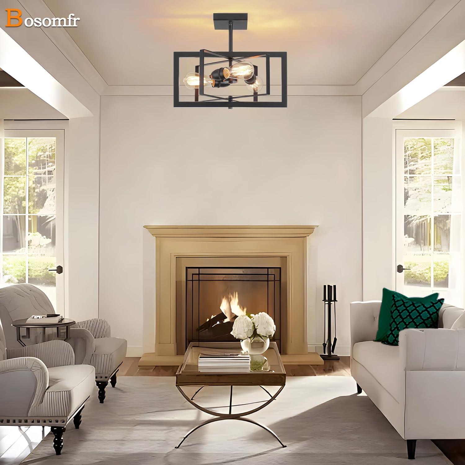 3-Light Black Ceiling Light Fixture for Dining Room Foyer Modern Farmhouse Lighting Fixtures Semi Flush Mount Rectangle Metal Ceiling Light for Bedroom Kitchen Island Entryway 15.74''