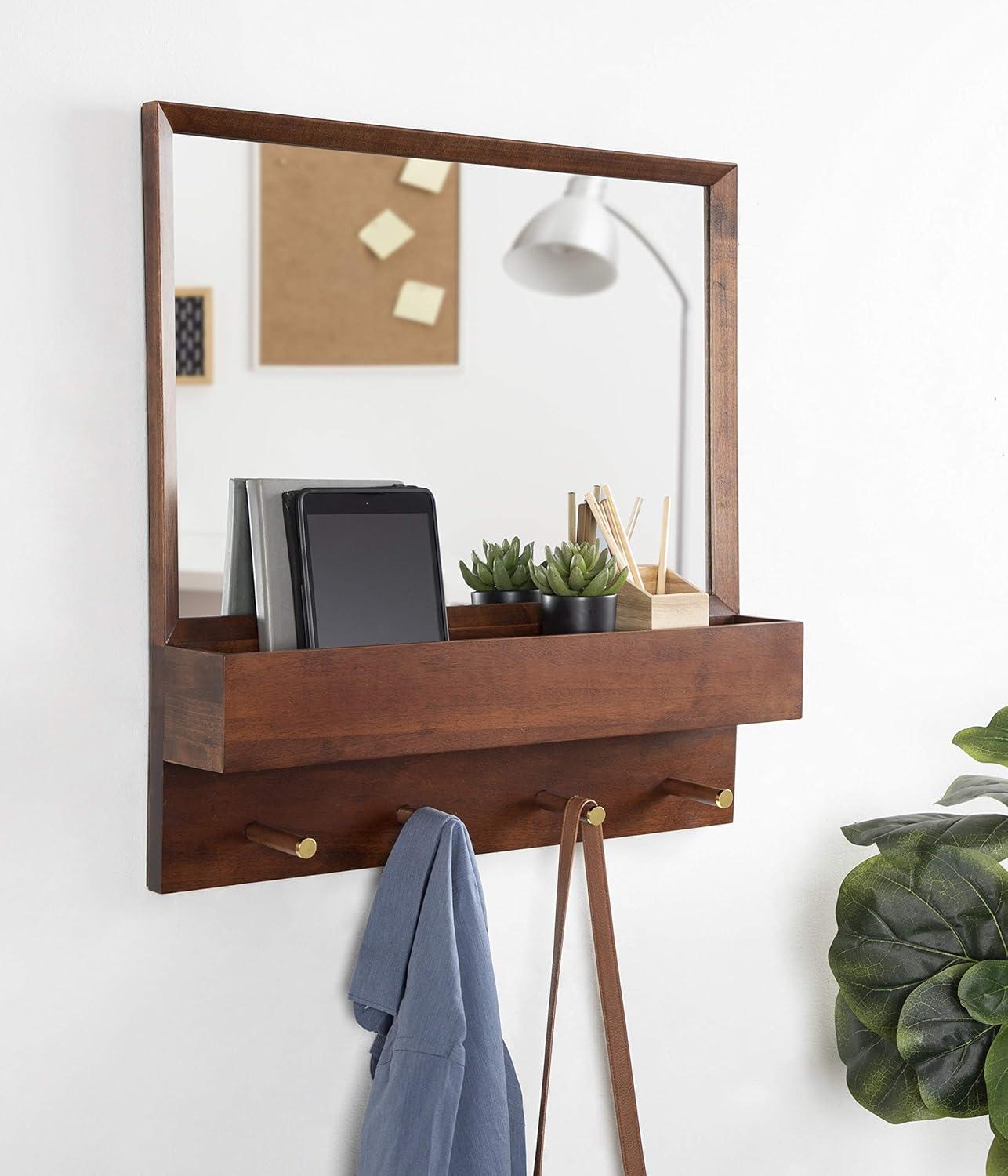 24"x24" Hinter Functional Wall Mirror Walnut Brown - Kate & Laurel All Things Decor: Entryway Organizer, Shelf & Pegs