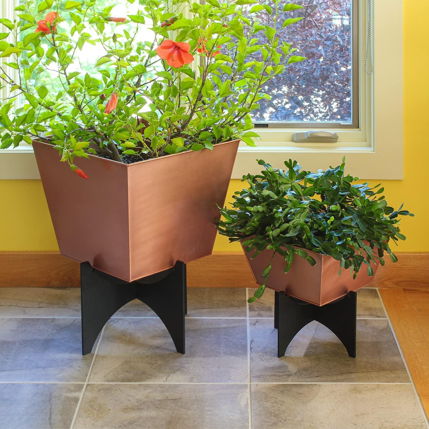 Copper Plated Square Plant Pot with Black Iron Stand