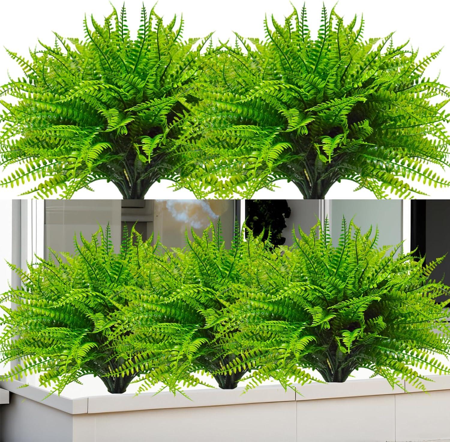 12pcs Artificial Flowers for Outdoor Fake Ferns Artificial Boston Fern Plant Artificial Ferns for Outdoor UV Resistant Plastic Plants (Green)