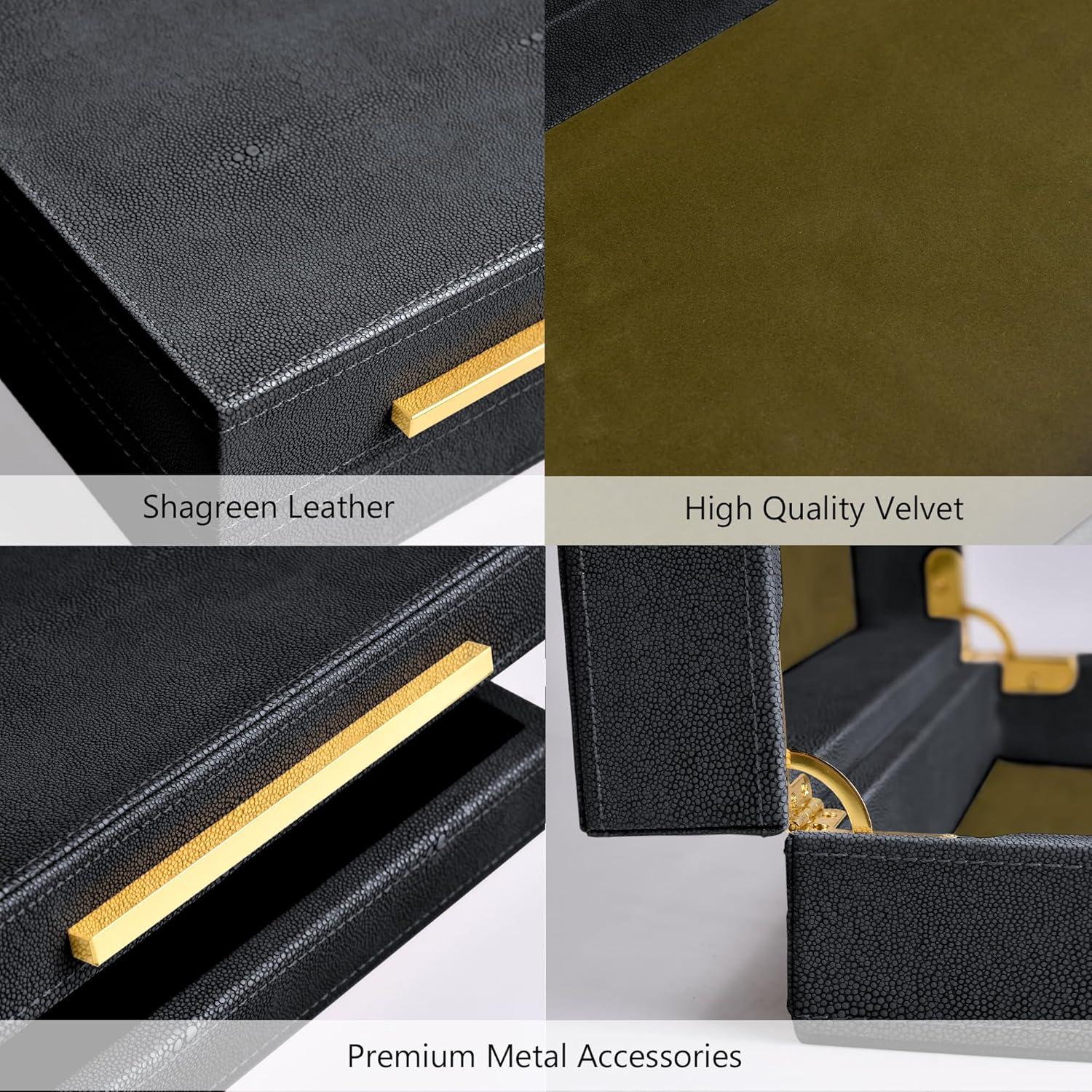 Faux  Leather Decorative Jewelry Storage Nesting Organizer Boxes with Lids Gold Handle Set of 3, Black