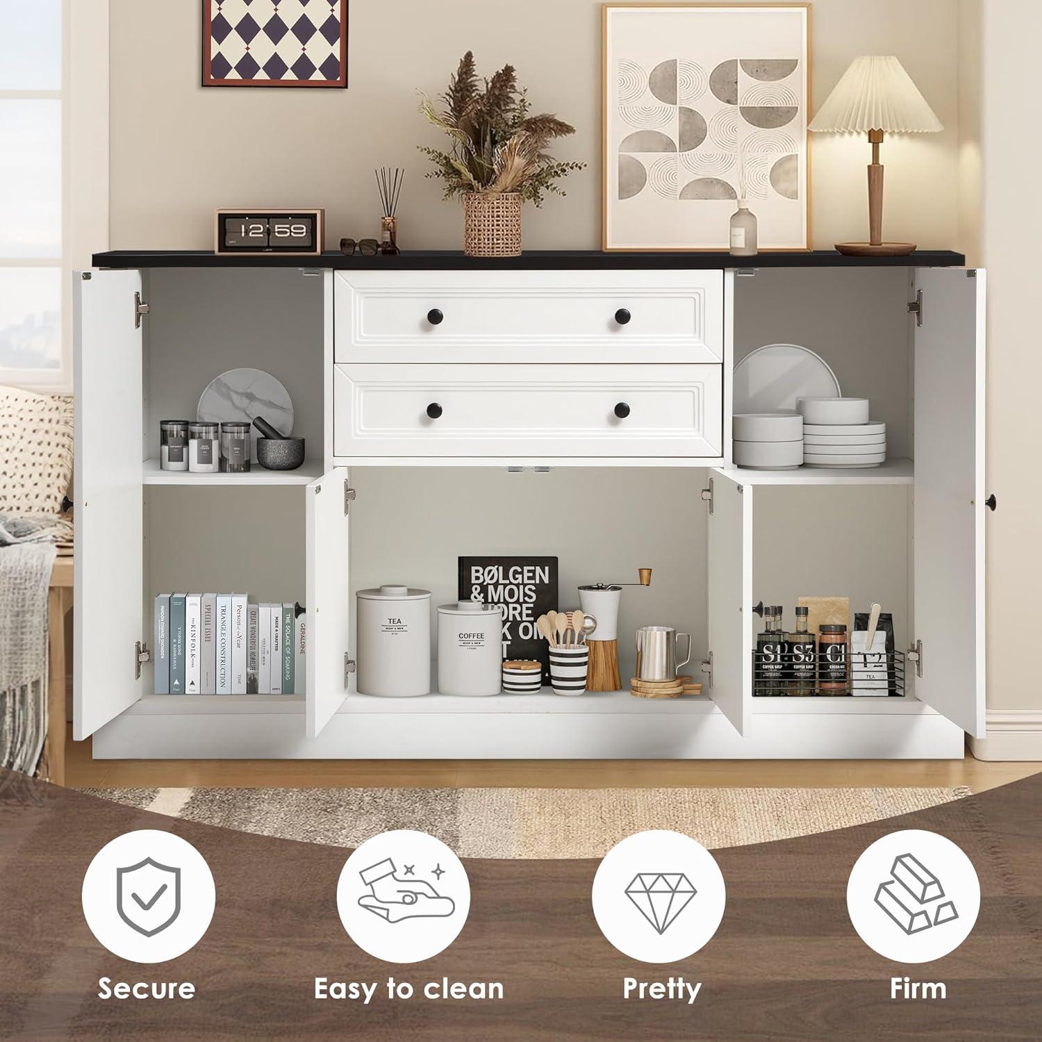 Magic Union 58" Farmhouse Sideboard Buffet Cabinet, Coffee Bar Cabinet with 2 Large Drawers & 4 Grooved Barn Doors, Wood Storage Cabinets for Dinning Room, Kitchen, Living Room, White