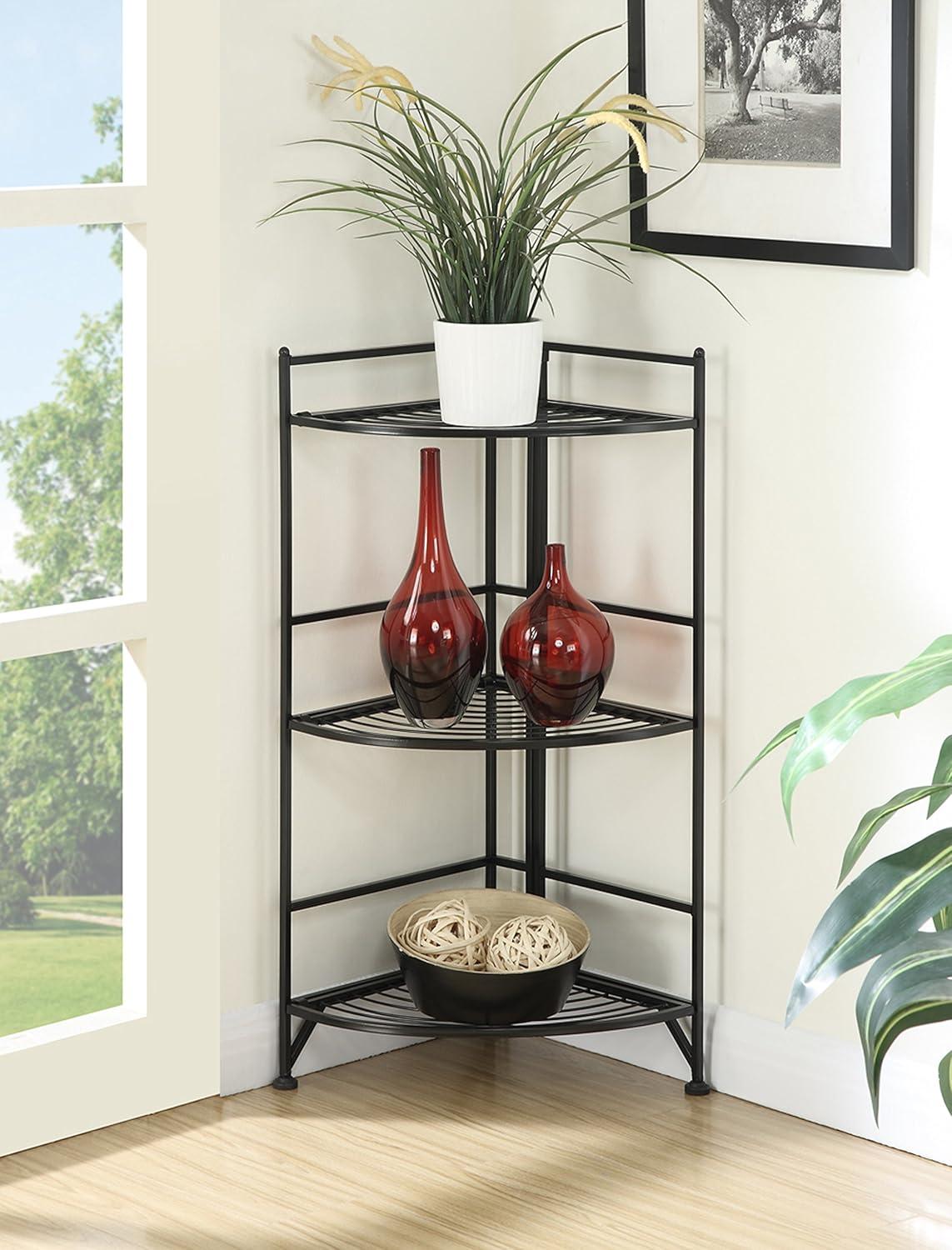 Convenience Concepts 3-Tier Corner Folding Metal Corner Shelf, Black