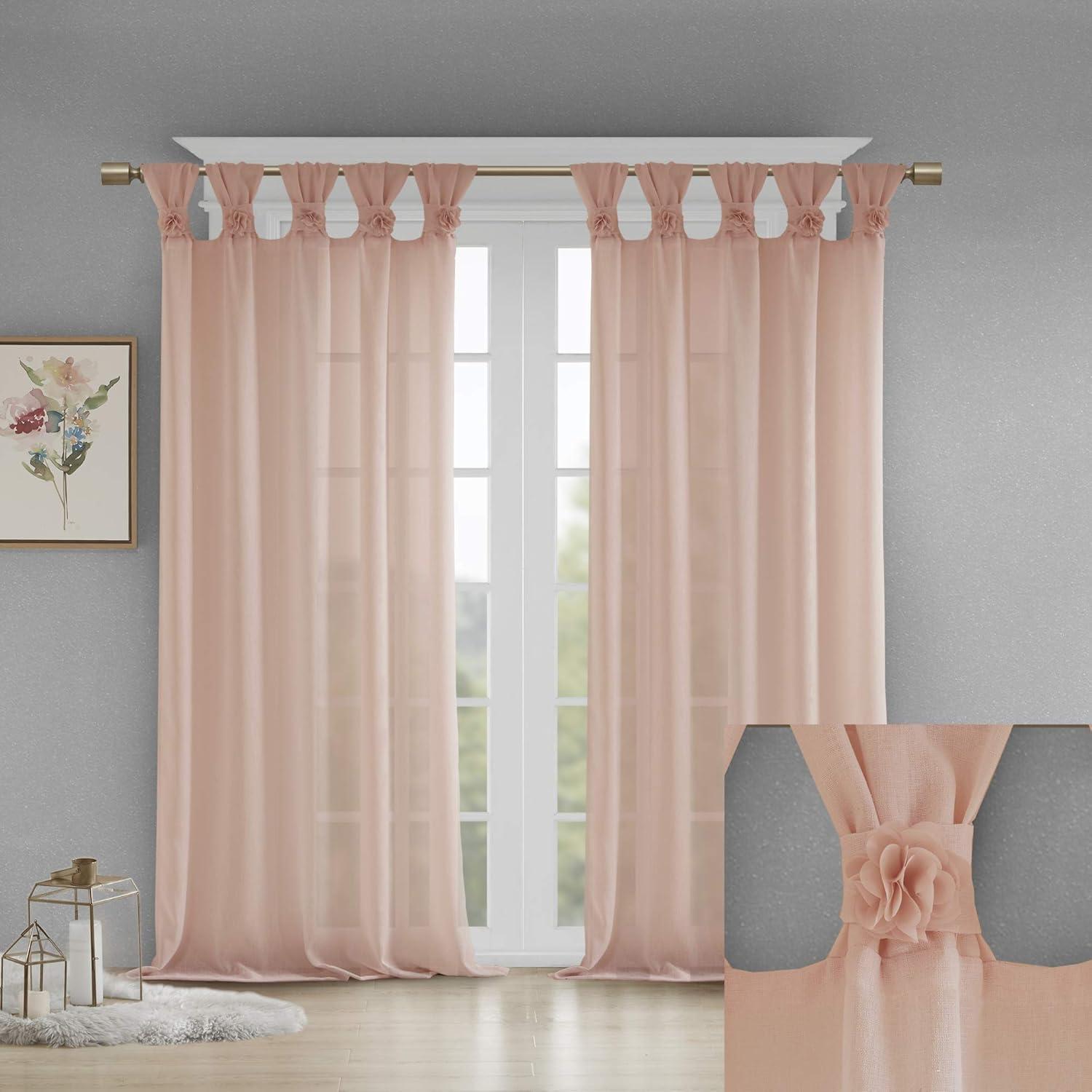 Rosette Floral Embellished Cuff Tab Top Solid Curtain Panel