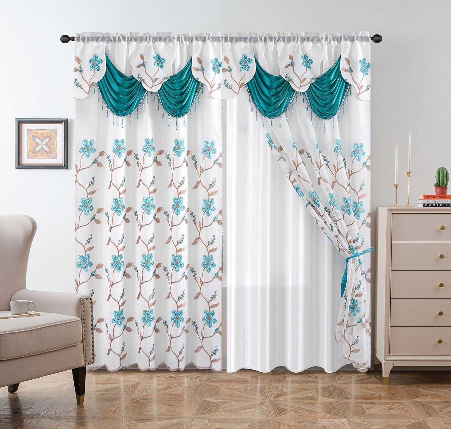 Red Barrel Studio® Embroidery Sheer Curtain 2 Panels Set Luxury Window Curtain Attached Valance With Satin Backing And 2 Tie Backs