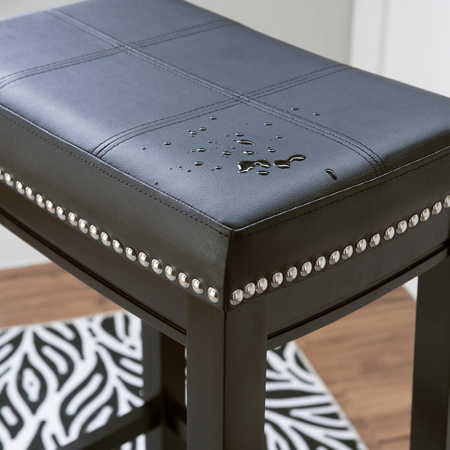 Linon Claridge Wood Backless Counter Stool Nailhead Trim Faux Leather in Black