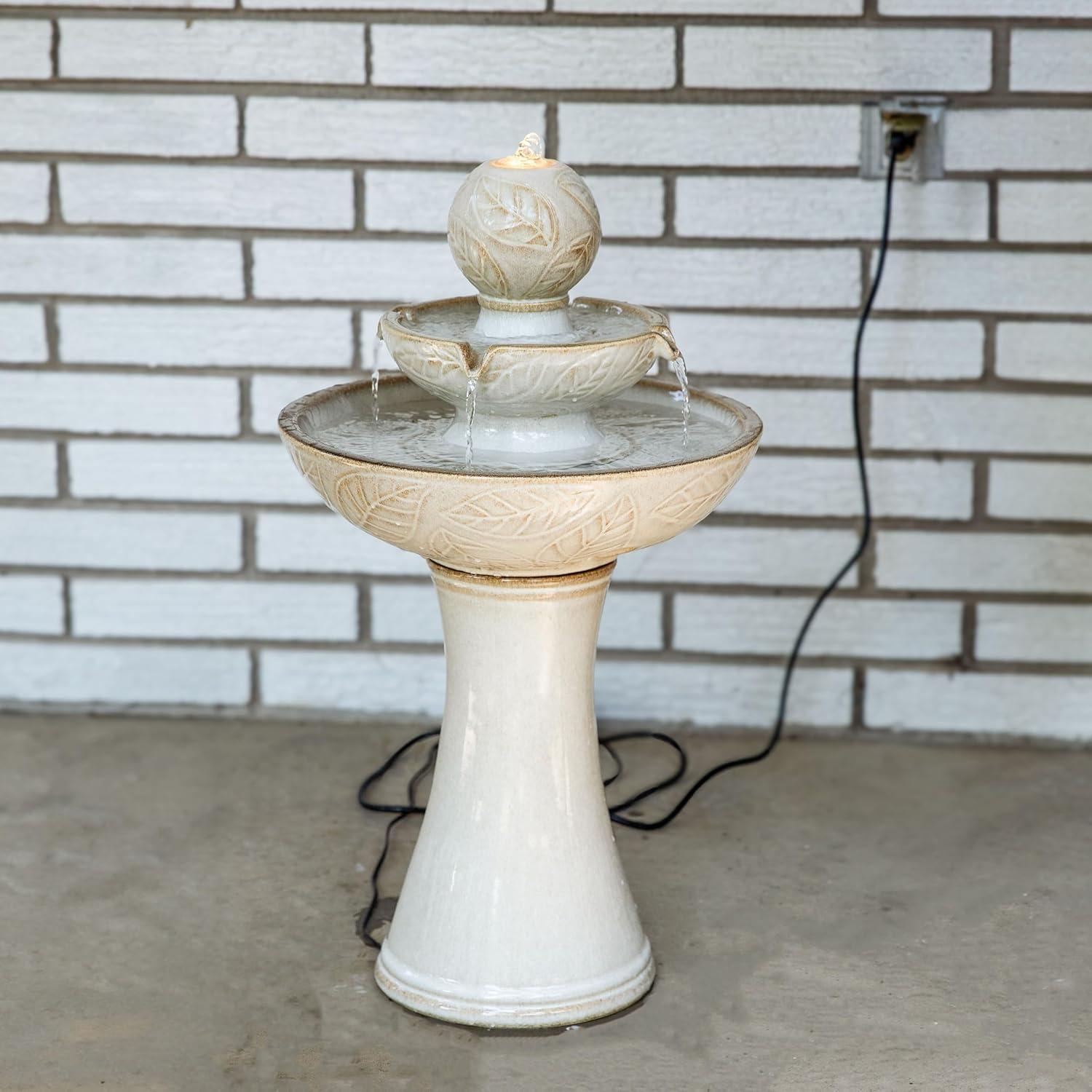 Sunnydaze Gentle Glow 2-Tier Ceramic Outdoor Fountain with LED Lights - 26.5" H - Off-White