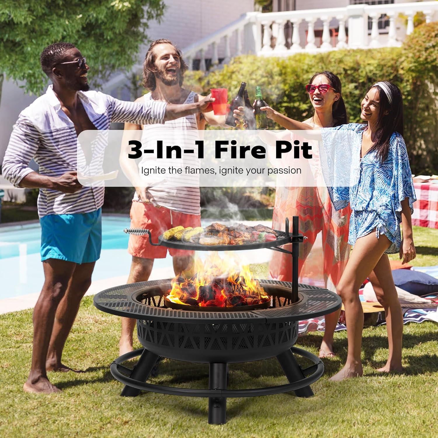 SPECSTAR 3-in-1 Fire Pit，35 in Wood Burning Firepits with Cooking Grill Grate & Charcoal Pan & Cover Lid, Metal Table for Backyard Bonfire BBQ Outdoor Camping Picnic