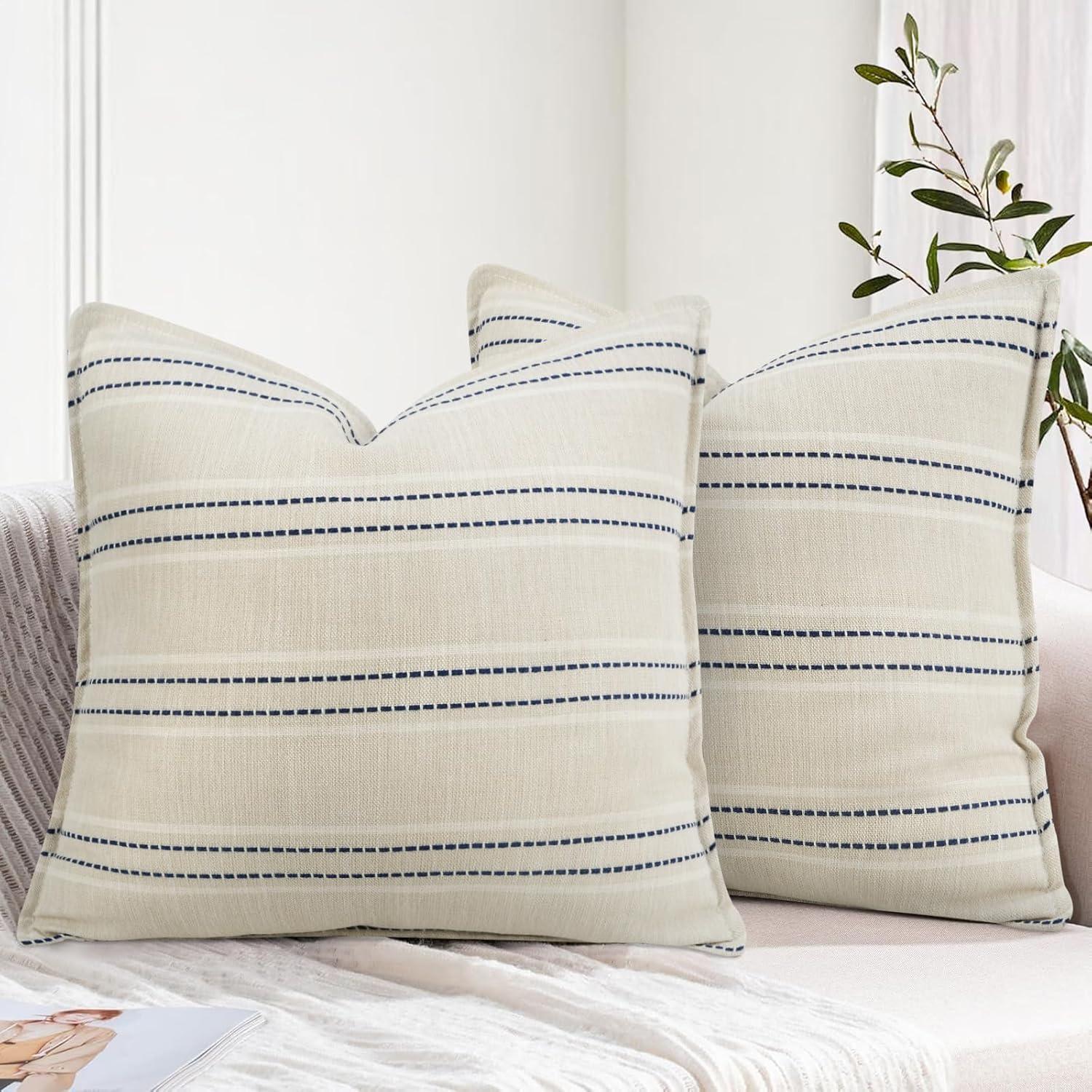 Beige and Navy Blue Farmhouse Stripe 18" Pillow Covers Set