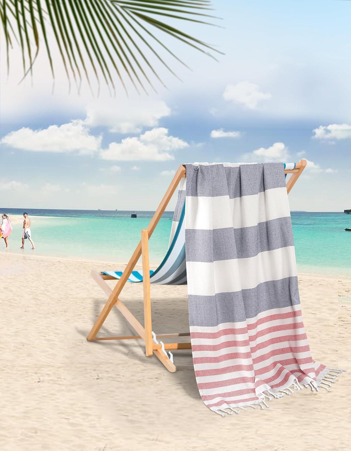 Oversized Teal and Red Striped Cotton Beach Towels, 2 Pack