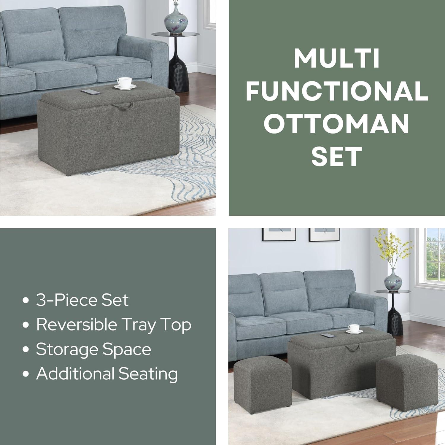 Convenience Concepts Designs4Comfort Sheridan Storage Bench w/ 2 Side Ottomans, Soft Gray Fabric