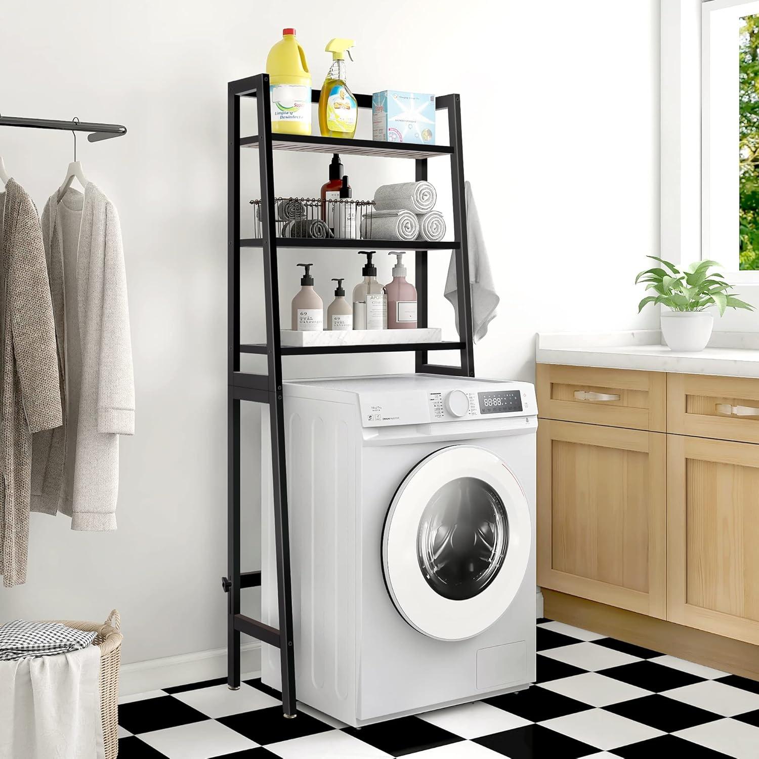 Over The Toilet Storage, Wooden 3-Tier Over-The-Toilet Rack Bathroom Space Saver Organizer, Freestanding Above Toilet Stand with Toilet Paper Holder and Towel Hook(White)