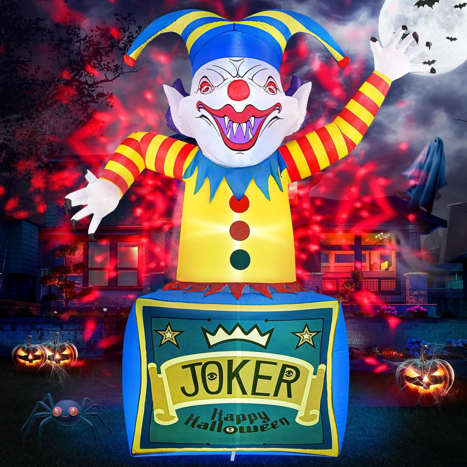 8 FT Halloween Inflatables Clown Outdoor Decorations with Dynamic Flame Projector Light, Halloween Blow Up Yard Decorations with LEDs for Outside Party Garden Lawn Decor