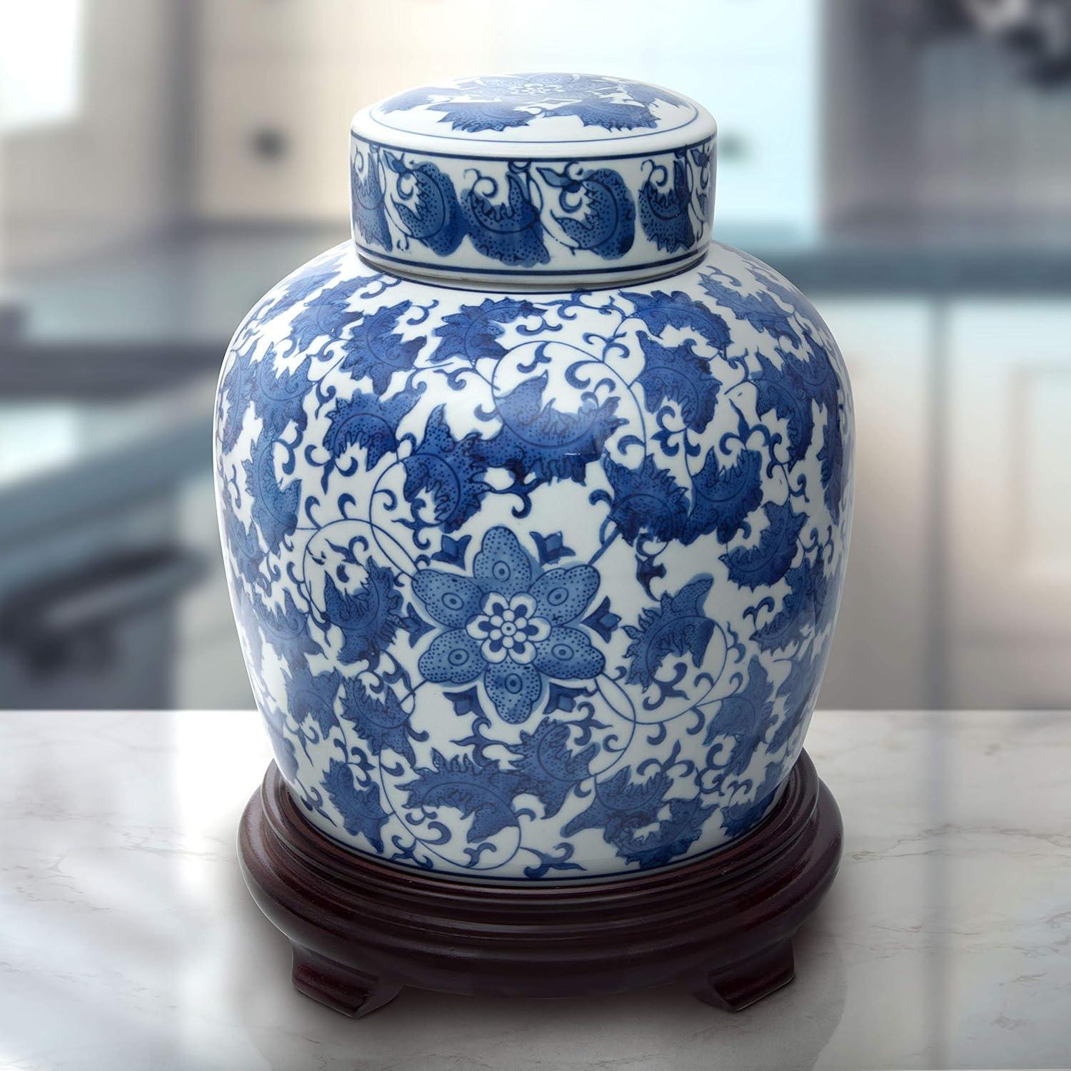 10" Blue and White Porcelain Floral Ginger Jar