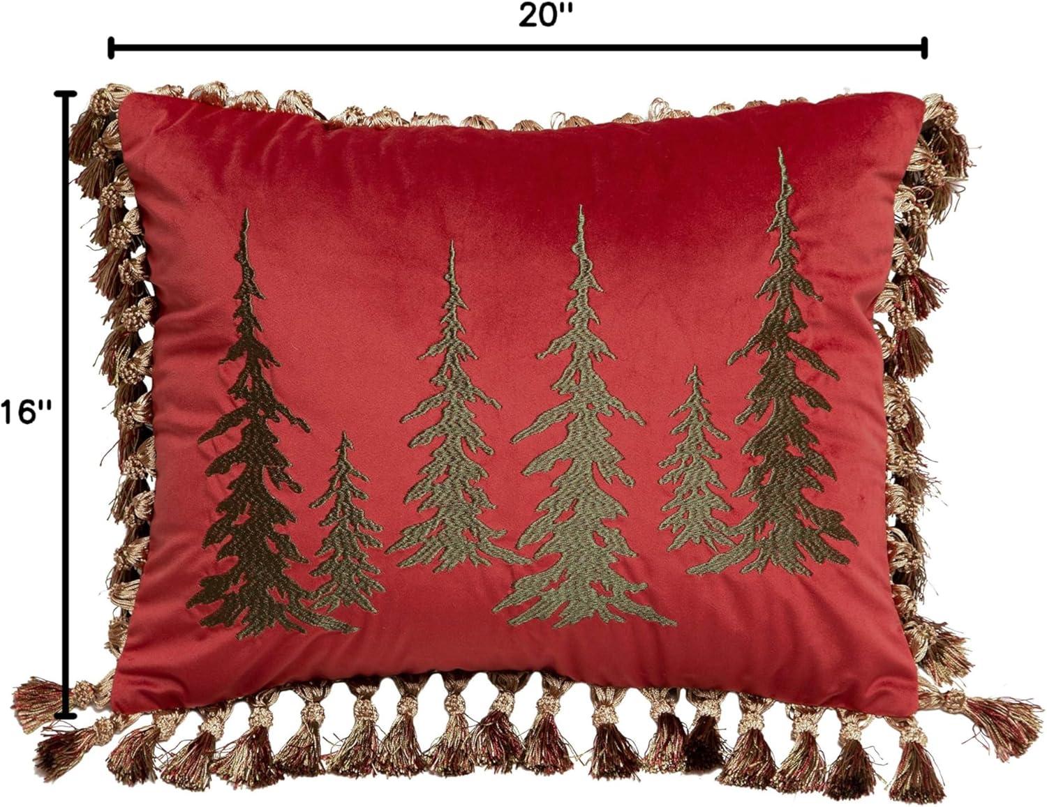 Red Velvet Embroidered Pine Tree Throw Pillow with Tassels