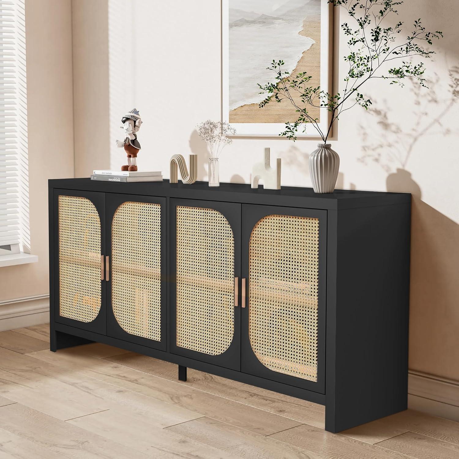 PORKISS Rattan Buffet Sideboard, Credenza Storage Cabinet with 4 Doors and Adjustable Shelve, Accent Cabinet for Dining Room, Kitchen, Living Room, Black