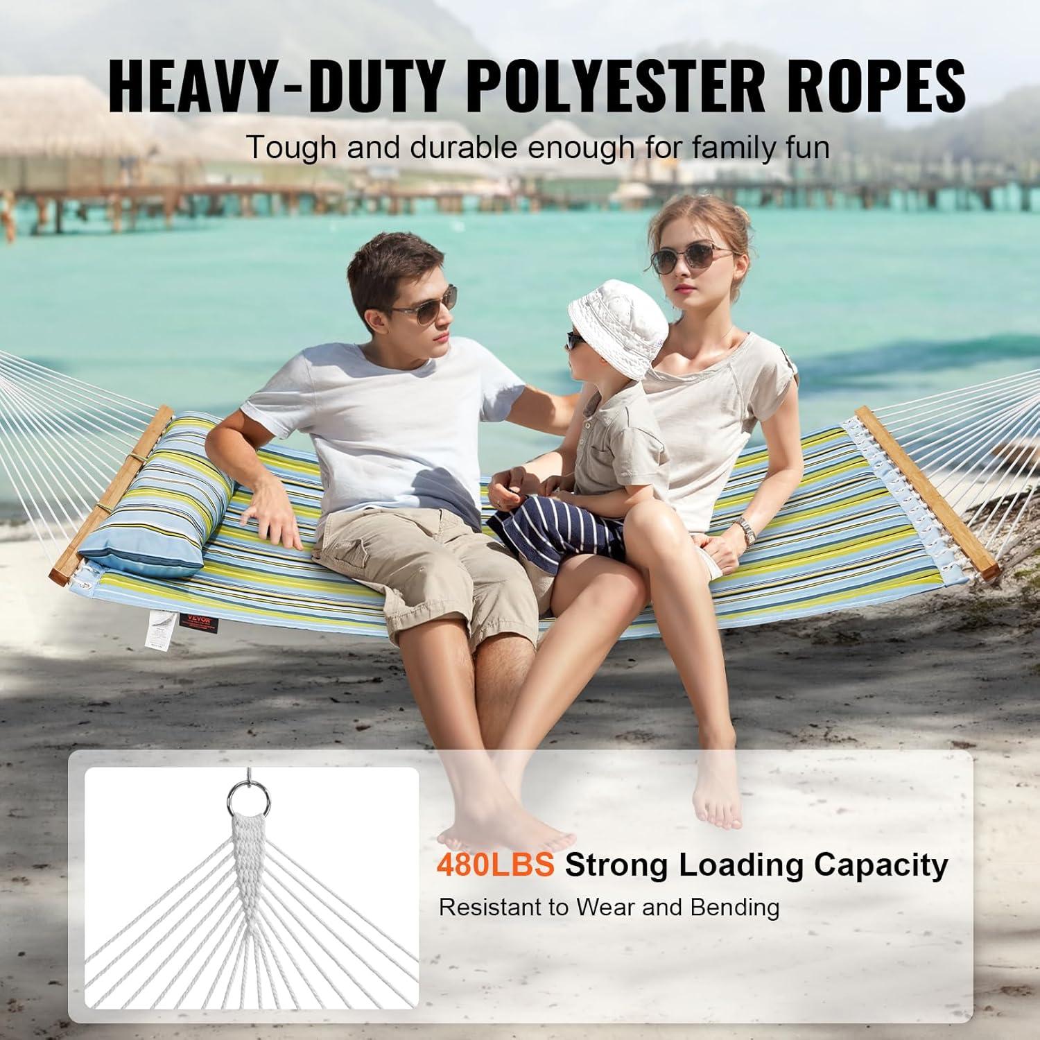 Double Quilted Fabric Hammock 12 ft. Double Hammock with Hardwood Spreader Bars 2 Person Quilted Hammock