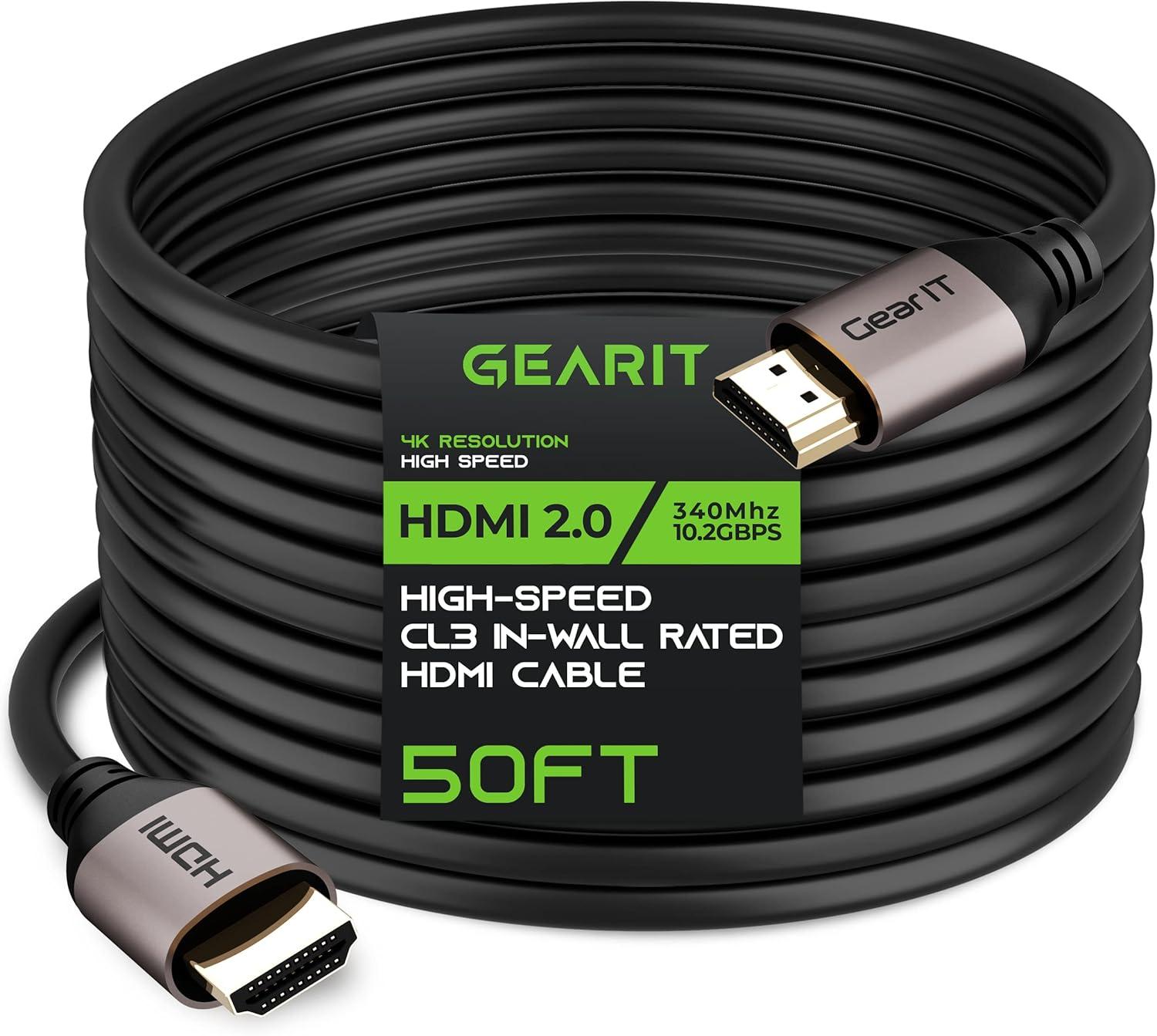 GearIT HDMI Cable CL3 In-Wall Rated (50ft / 15.2m) High-Speed HDMI 2.0b, 4K 60hz, 3D, ARC, HDCP 2.2, HDR, 18Gbps