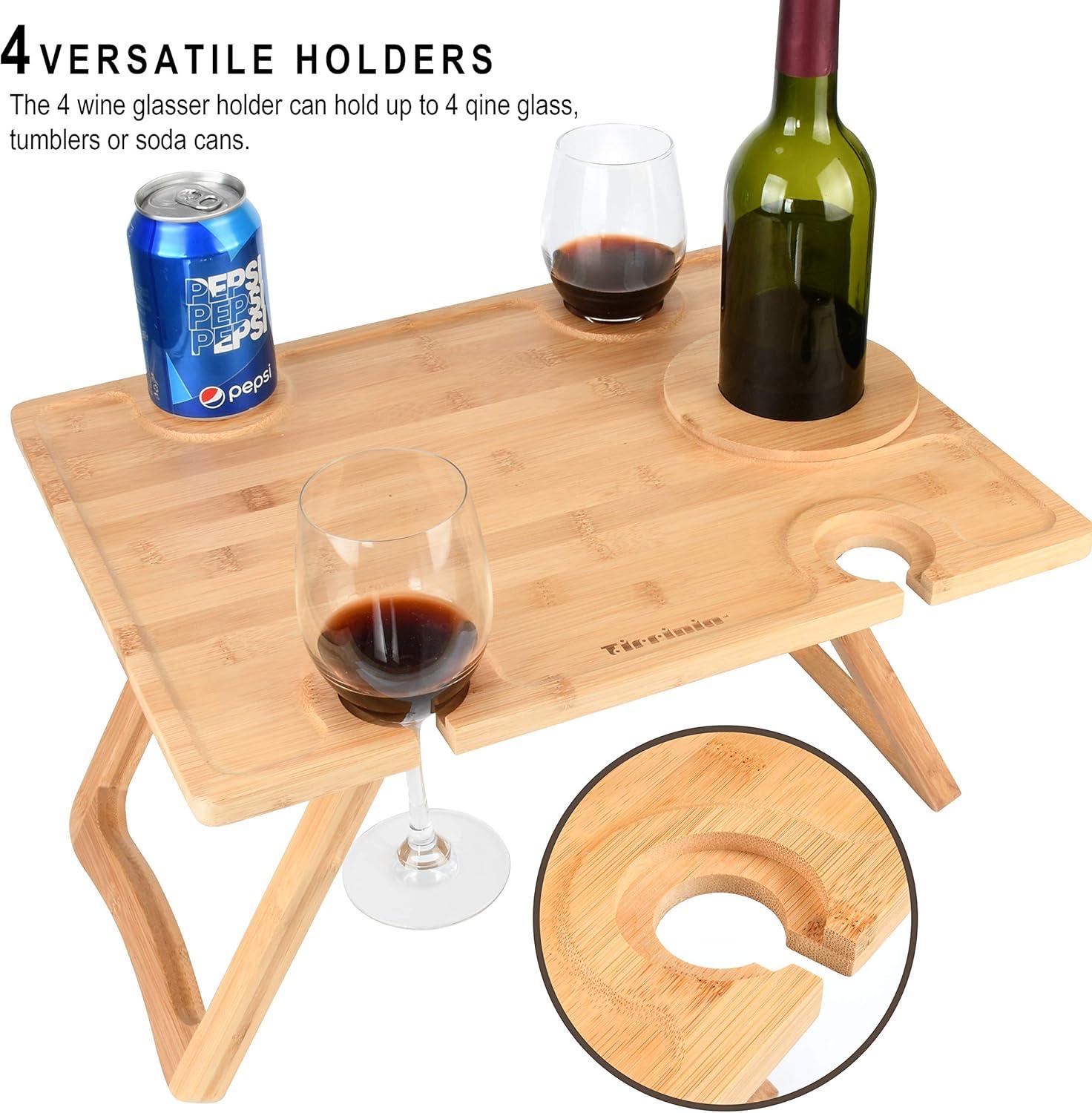 Tirrinia Bamboo Wine Picnic Table, Ideal Wine Lover Gift, Large Folding Portable Outdoor Snack & Cheese Tray for Concerts at Park, Beach