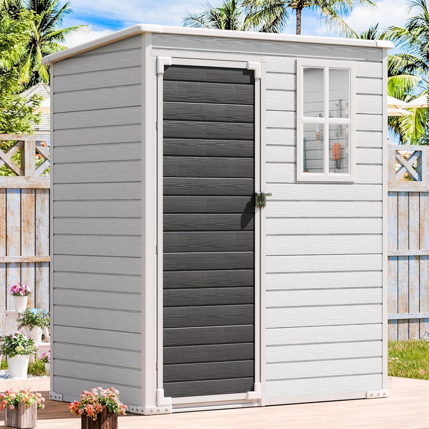 Gray Resin Outdoor Storage Shed with Window and Lockable Door