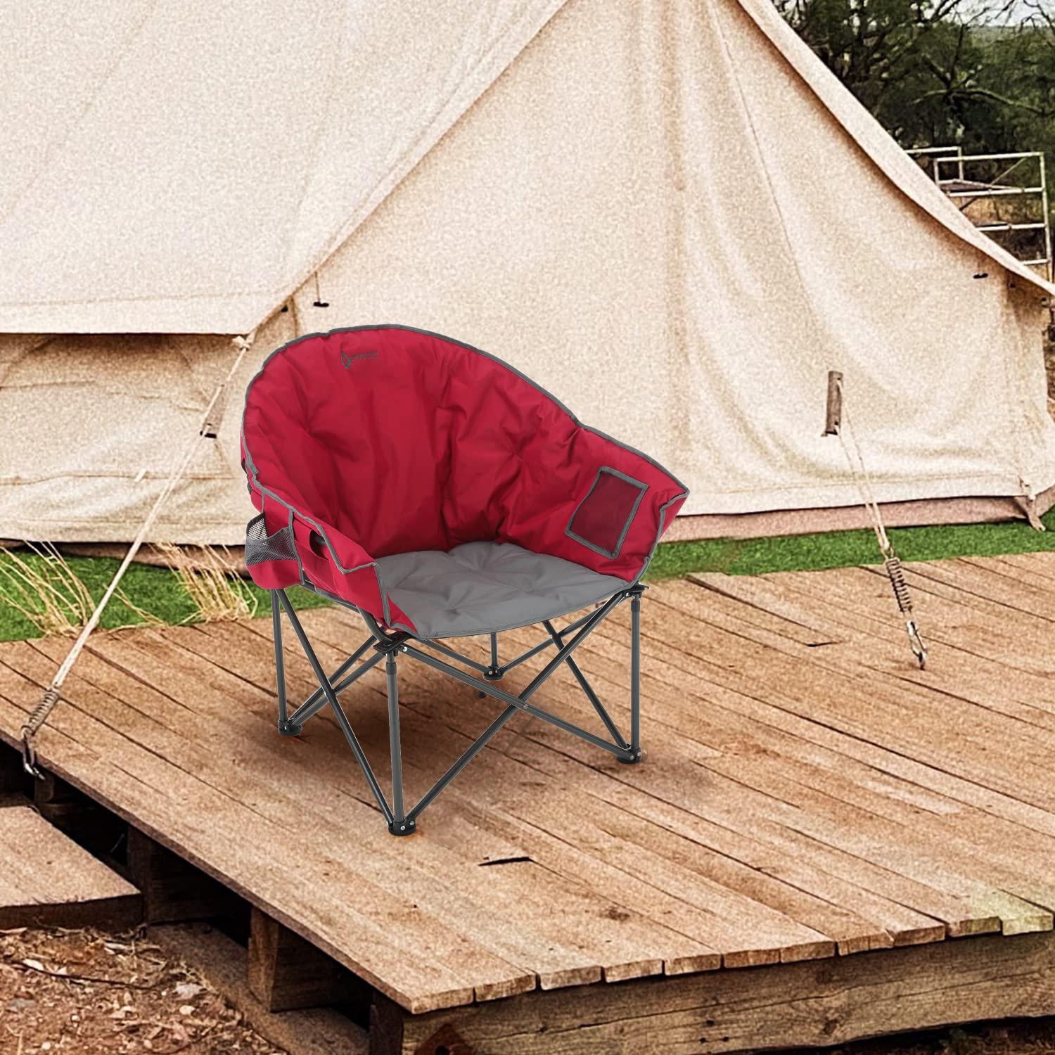 ARROWHEAD OUTDOOR Oversized Heavy-Duty Club Folding Camping Chair w/ External Pocket, Cup Holder, Portable, Padded, Moon, Round, Saucer, Supports 330lbs, Carrying Bag, USA-Based Support (Burgundy Red)