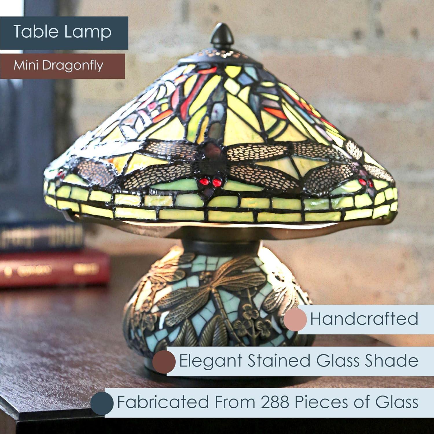 10" H Stained Glass Mini Dragonfly Table Lamp w/ Mosaic Base