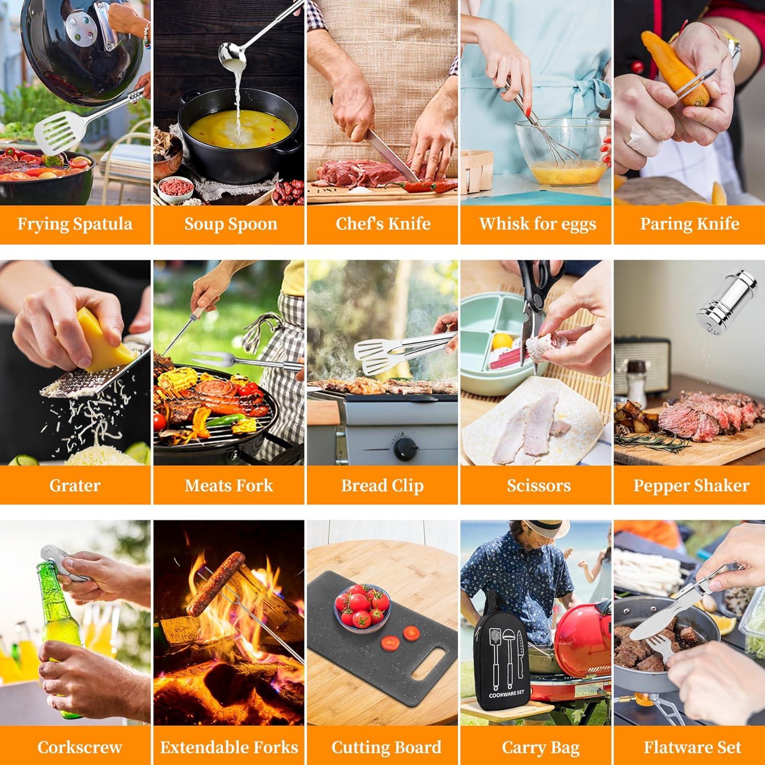 Camping Cooking Utensils Set, Stainless Steel Grill Tools, Camping BBQ Cookware Gear and Equipment for Travel Tenting RV Van Picnic Portable Kitchen Essentials Accessories