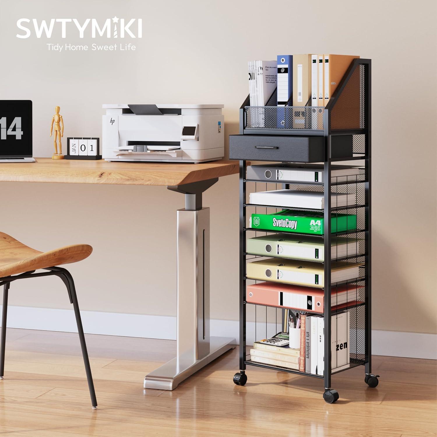 SWTYMIKI 9-Tier Rolling File Cart - Paper Organizer with Drawer and Trays, Wood Desk Office Organizer, Office Organization and Binder Storage for Workspace, Home, School, Black