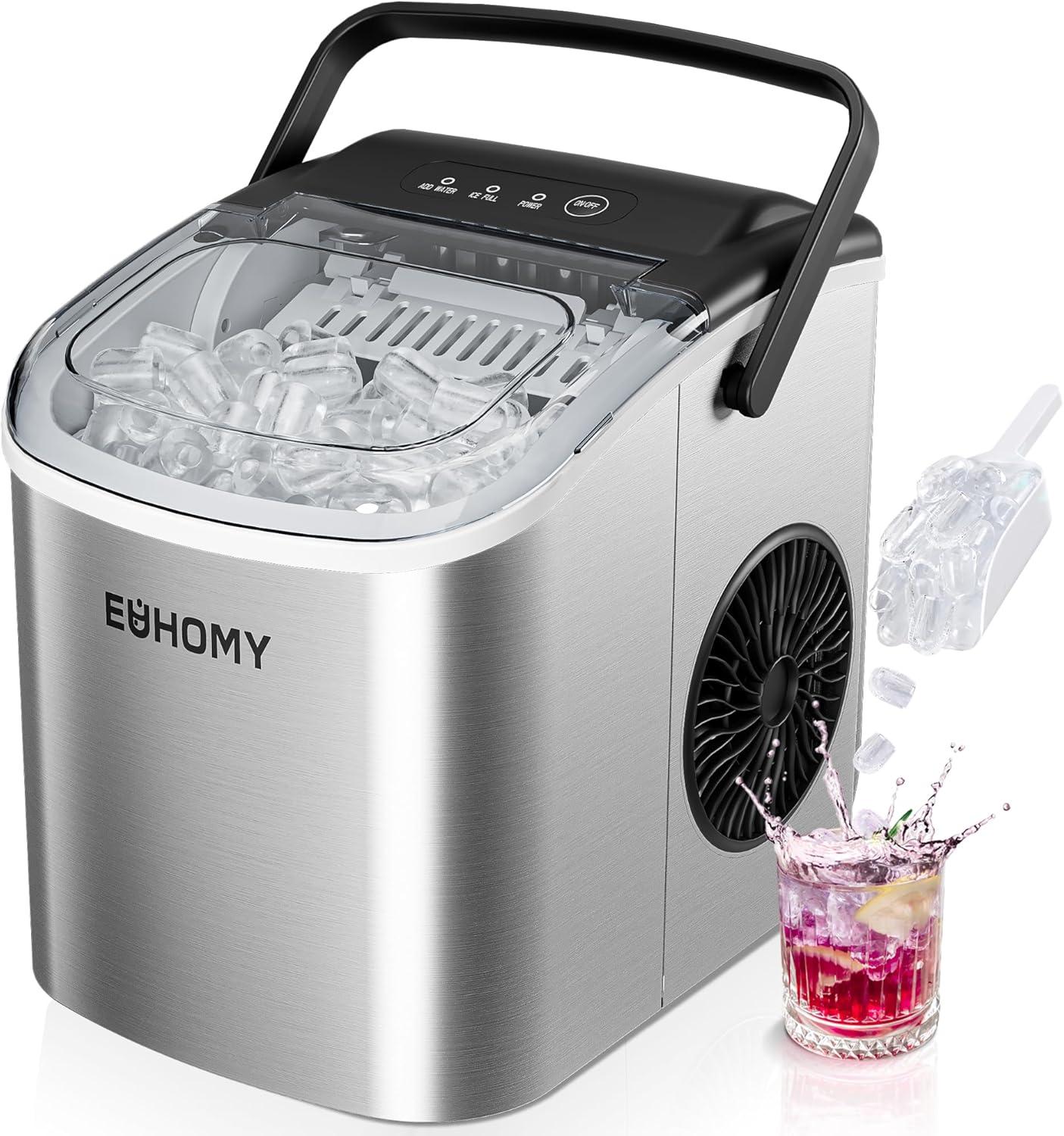 Ice Maker Countertop with Handle, 26lbs in 24Hrs, 9 Ice Cubes Ready in 6 Mins, Auto-Cleaning Portable Ice Maker with Basket and Scoop, for Home/Kitchen/Camping/RV. (2024 New Silver) Utensils