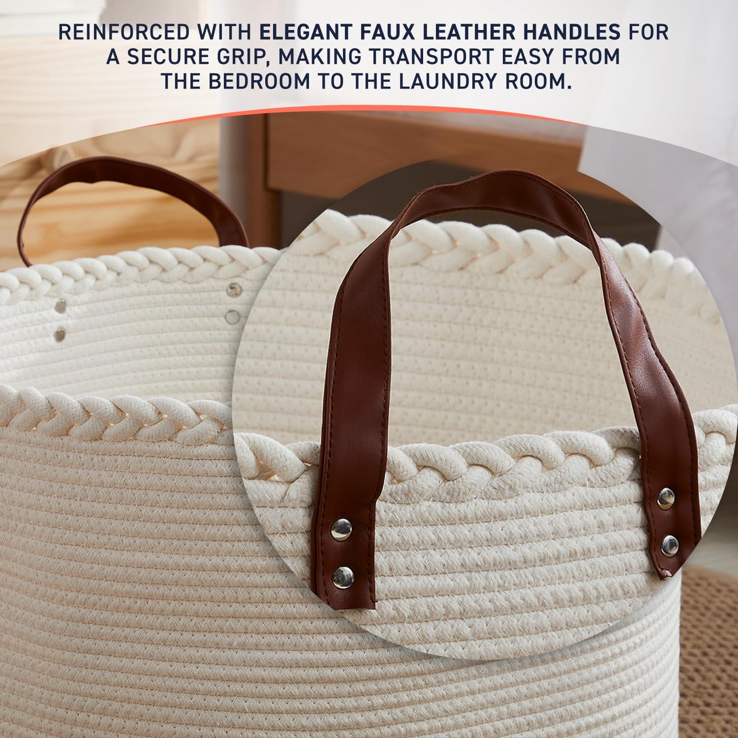 XLarge Round Cotton Rope Storage Basket Bin Organizer Laundry Hamper with Leather Handles, 21 x 21 x 14, Extra Large Blanket Woven Toy Basket for Baby Nursery - Cream